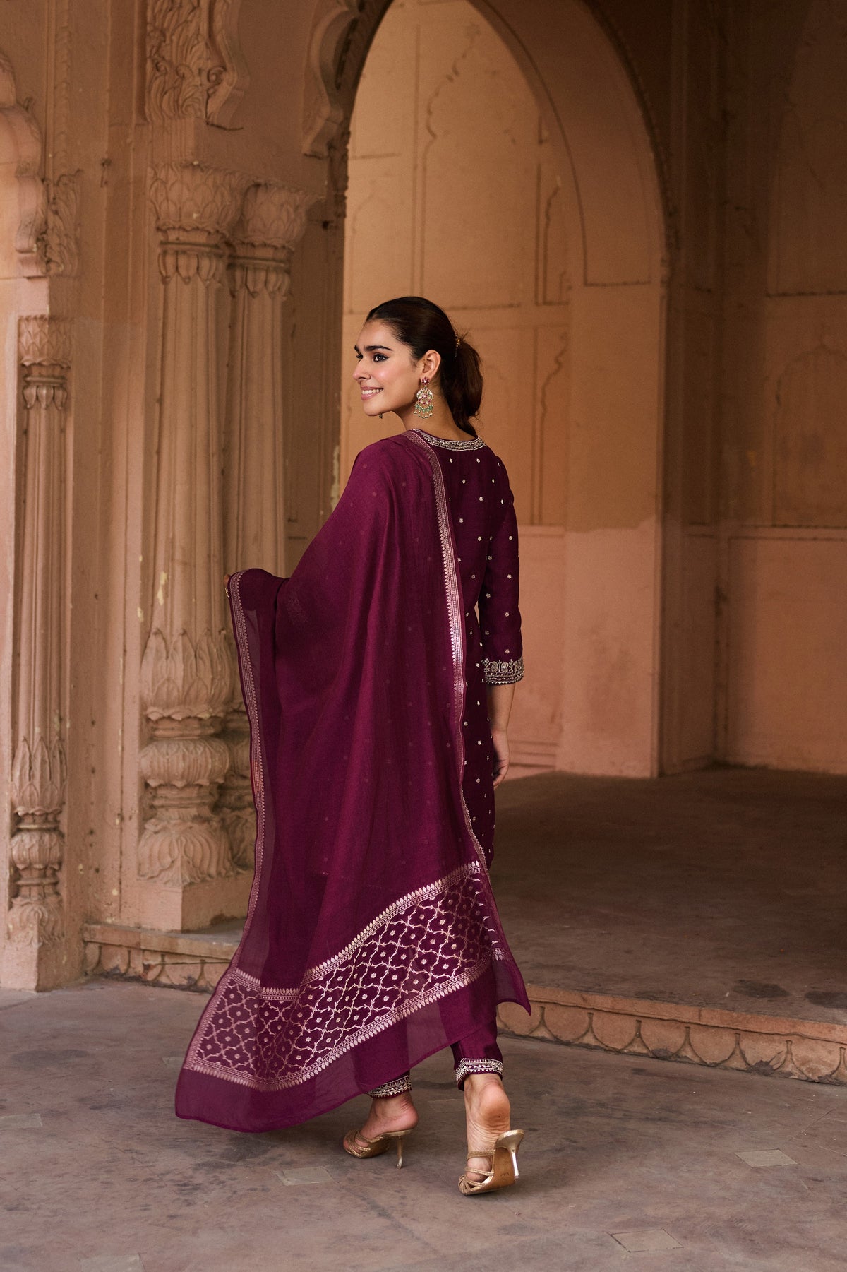 GAUHAR BANARASI SILK CHANDERI JACQUARD HANDCRAFTED MAROON A-LINE KURTA SET