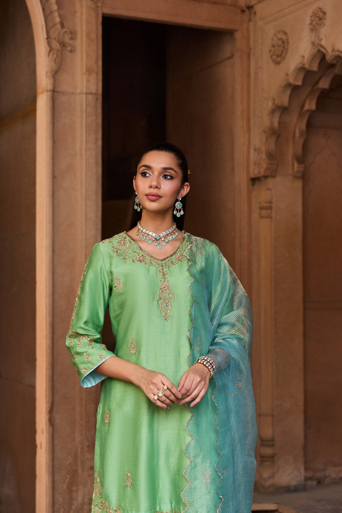 ASMI SILK CHANDERI HANDCRAFTED GREEN STRAIGHT KURTA SET