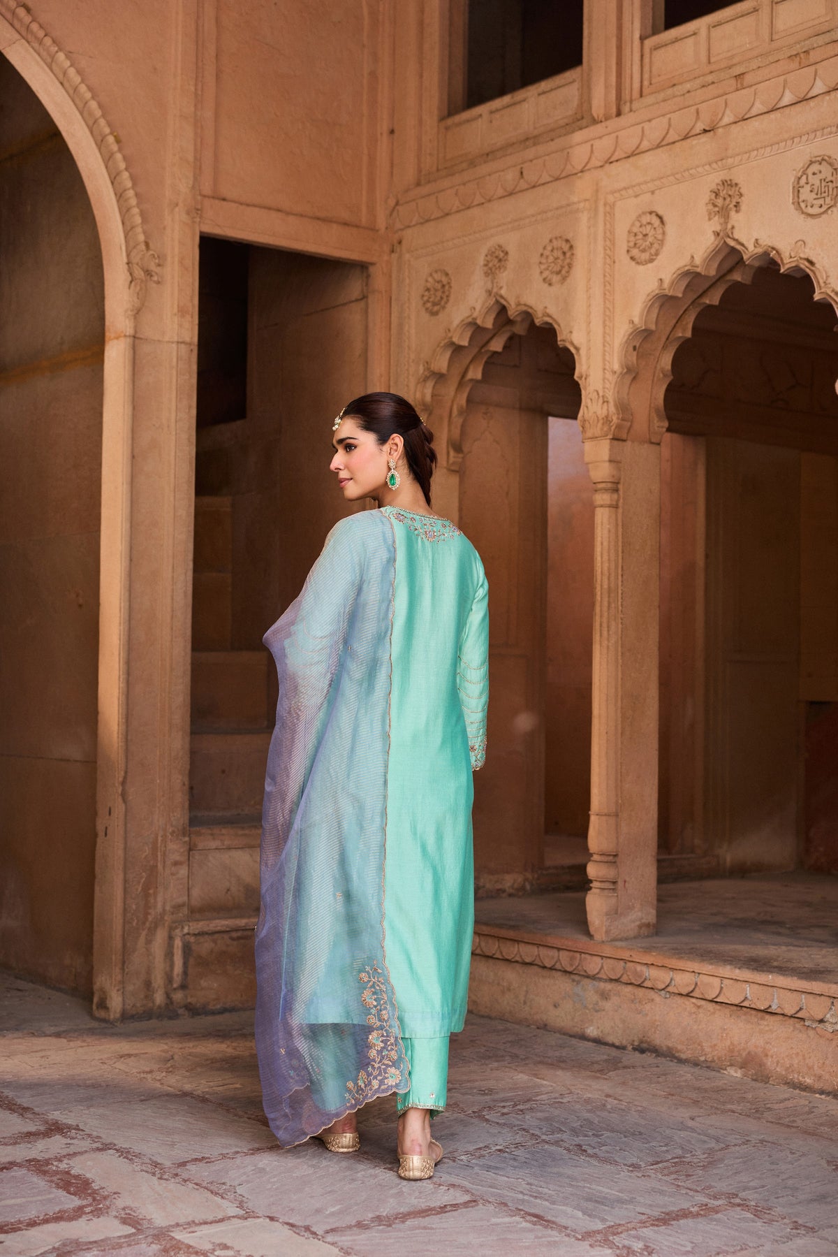 NANDINI SILK CHANDERI HANDCRAFTED TURQUOISE STRAIGHT KURTA SET