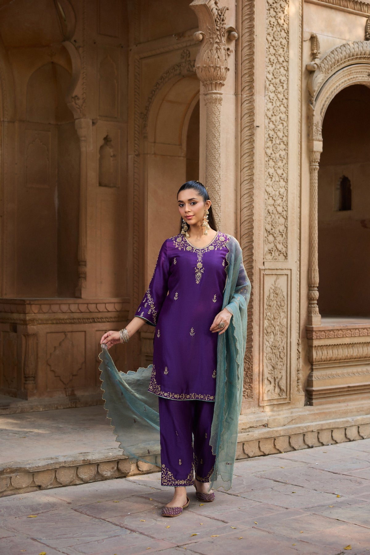 ASMI SILK CHANDERI HANDCRAFTED PURPLE STRAIGHT KURTA SET
