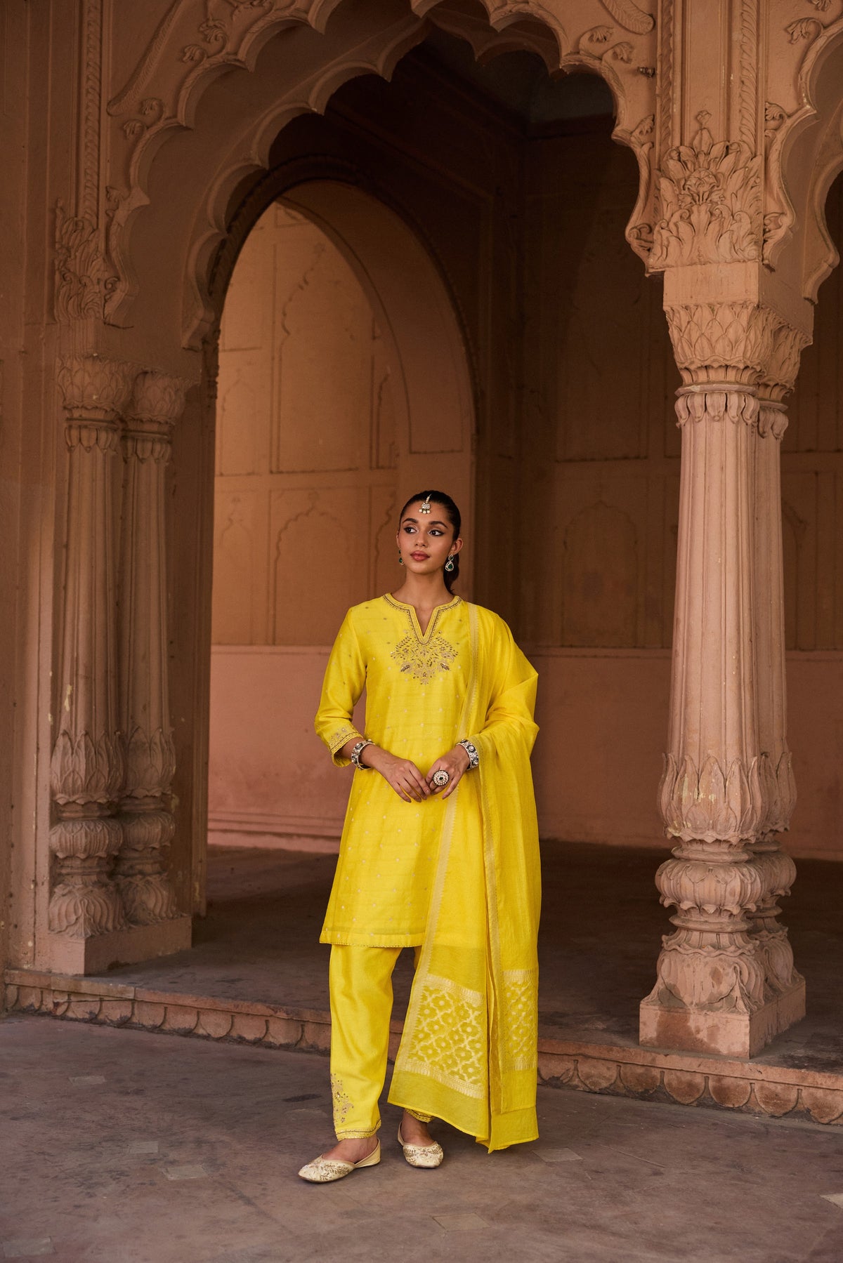 GAUHAR BANARASI SILK CHANDERI JACQUARD HANDCRAFTED YELLOW A-LINE KURTA SET