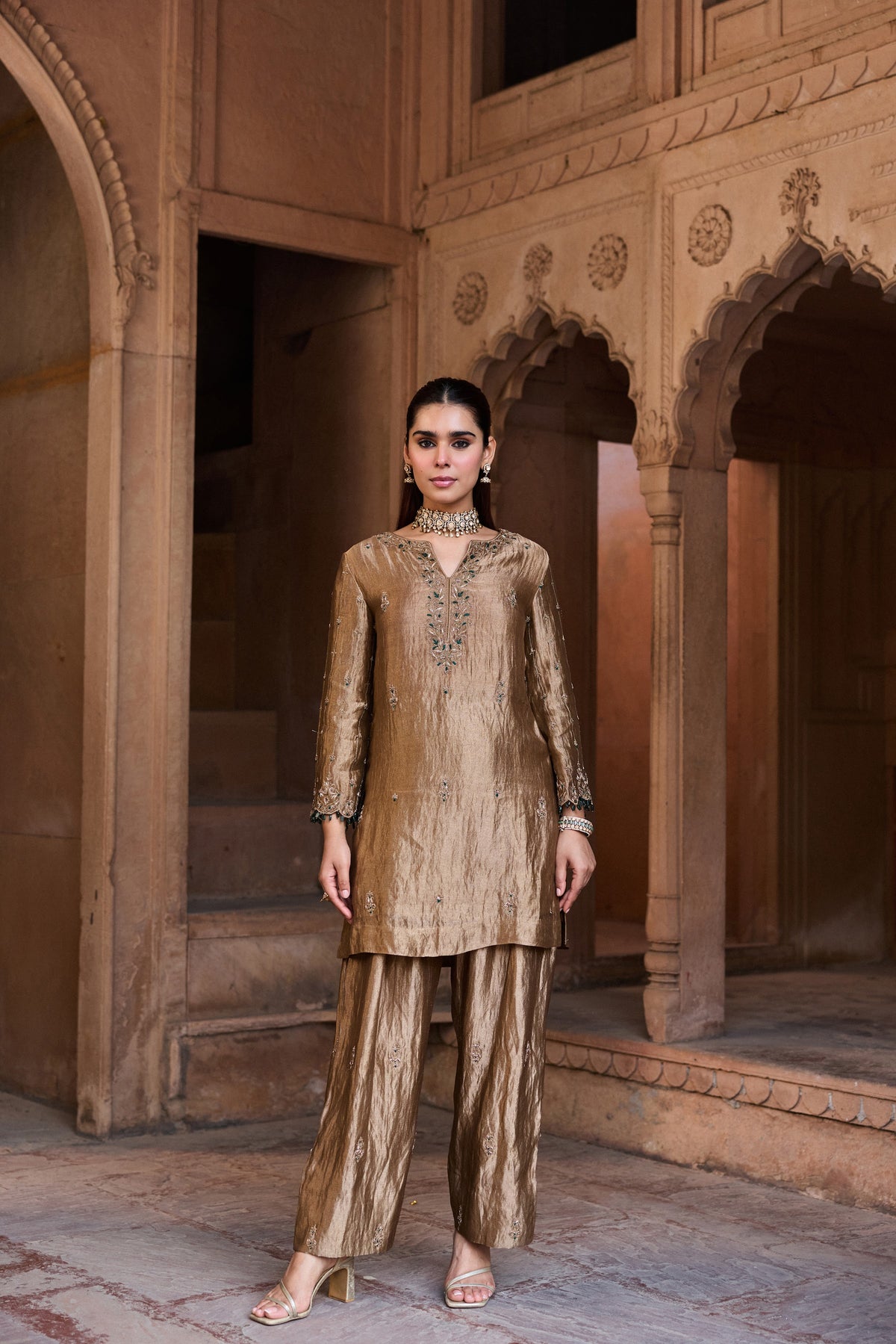 SHAHBANO SILK TISSUE HANDCRAFTED GOLD KURTA SET WITH FARSHI SALWAR