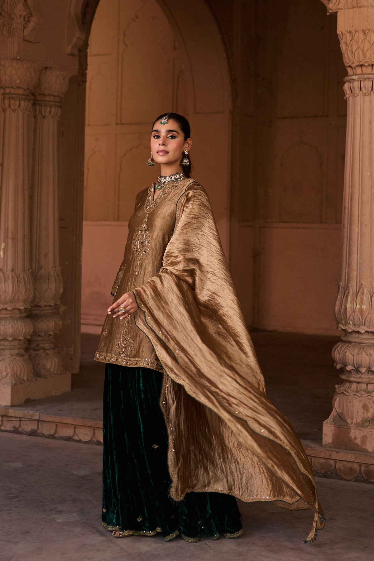 SHABANA SILK TISSUE HANDCRAFTED GOLD KURTA SET WITH SHARARA