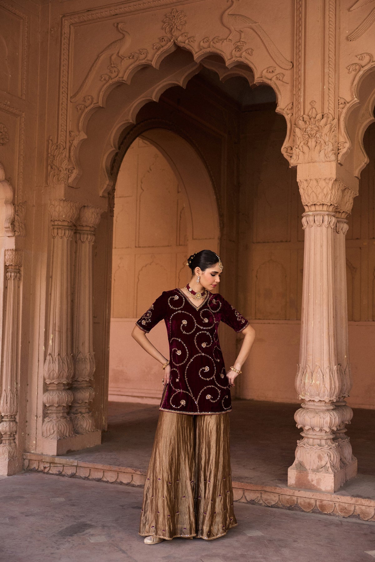 MALLIKA SILK VELVET HANDCRAFTED PLUM KURTA SET WITH SILK TISSUE GHARARA