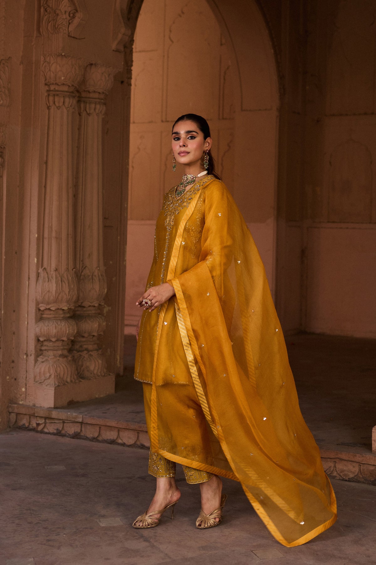 RAAGINI SILK CHANDERI HANDCRAFTED MUSTARD STRAIGHT KURTA SET