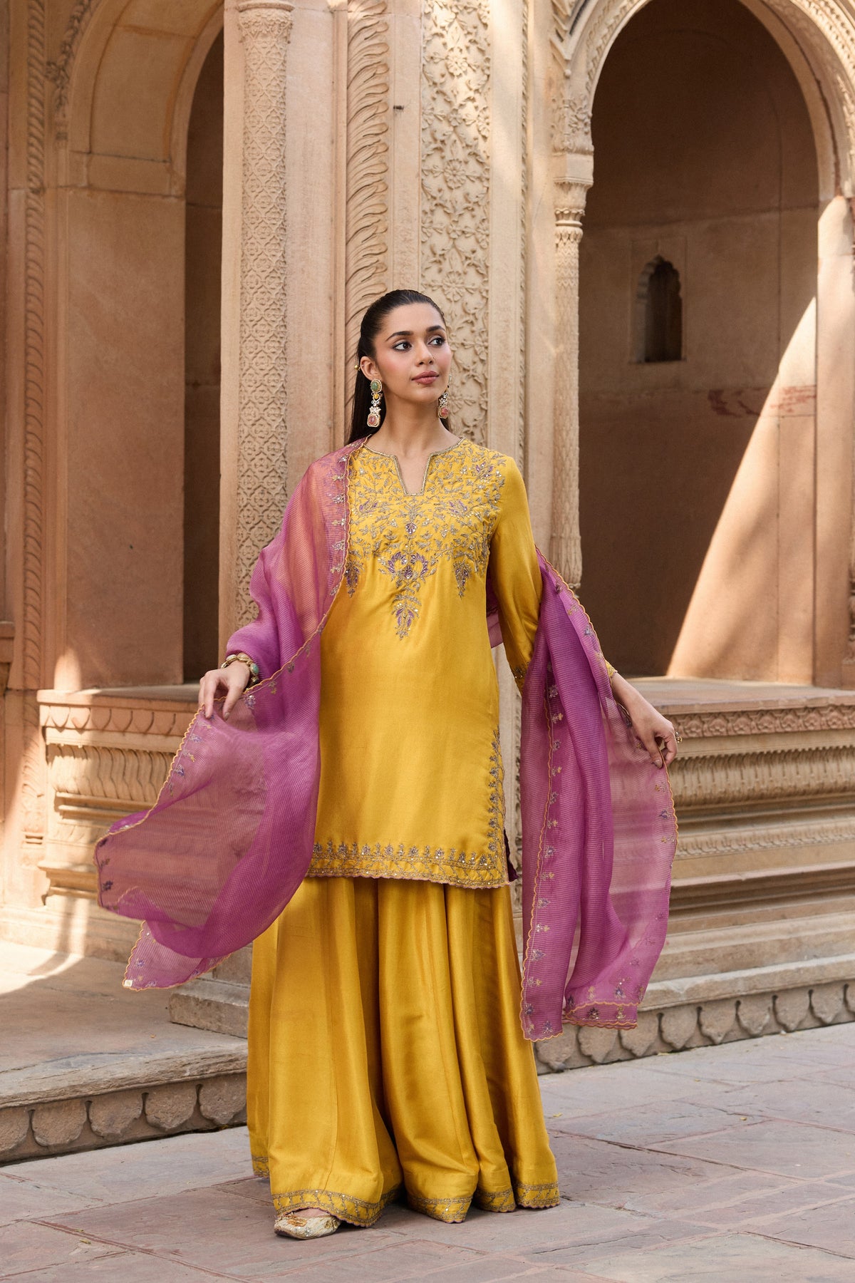 GHAZAL PURE SILK HANDCRAFTED YELLOW KURTA SET WITH SHARARA