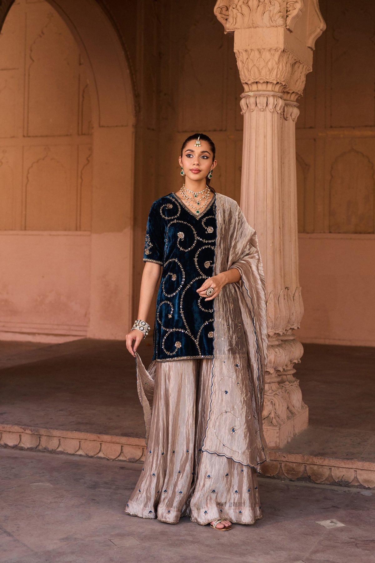 MALLIKA SILK VELVET HANDCRAFTED BLUE KURTA SET WITH SILK TISSUE GHARARA