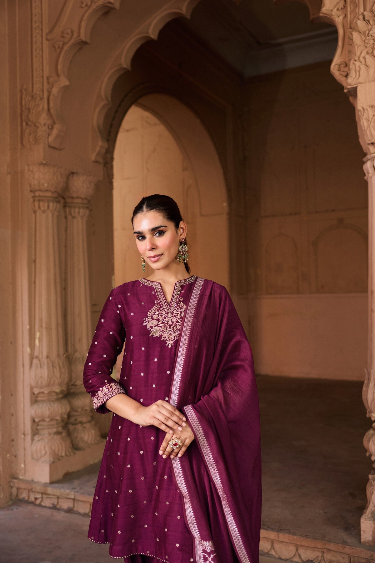 GAUHAR BANARASI SILK CHANDERI JACQUARD HANDCRAFTED MAROON A-LINE KURTA SET