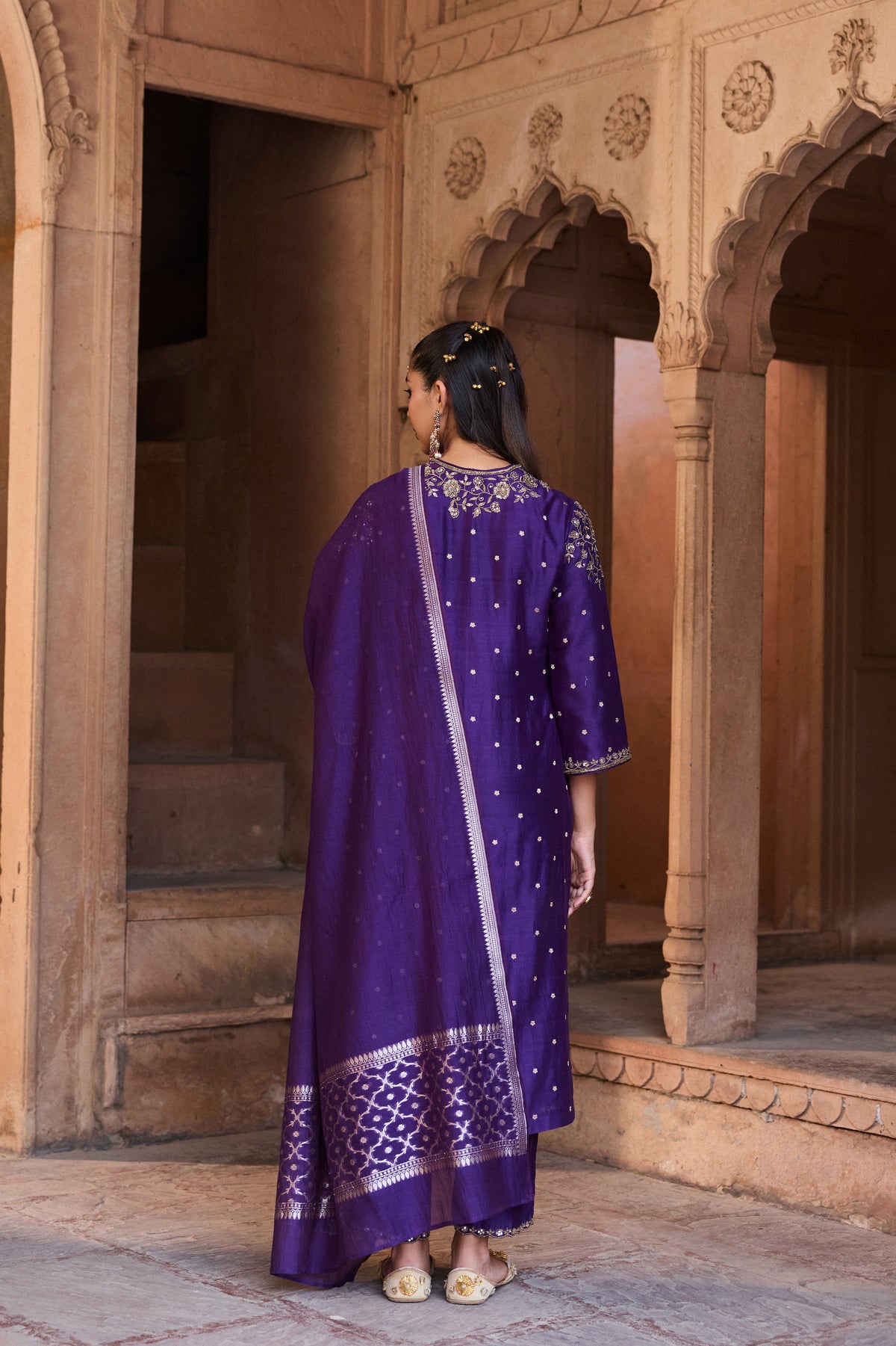 RUKMINI BANARASI CHANDERI JACQUARD HANDCRAFTED PURPLE  STRAIGHT KURTA SET