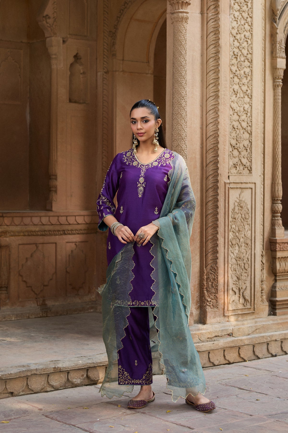 ASMI SILK CHANDERI HANDCRAFTED PURPLE  STRAIGHT KURTA SET