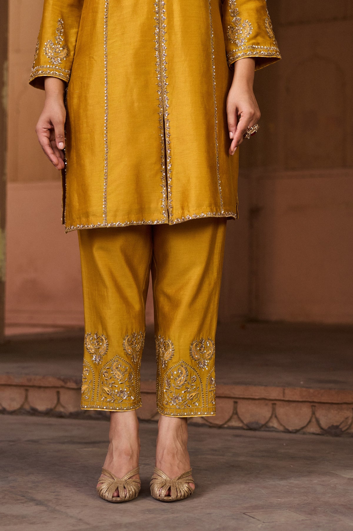 RAAGINI SILK CHANDERI HANDCRAFTED MUSTARD STRAIGHT KURTA SET