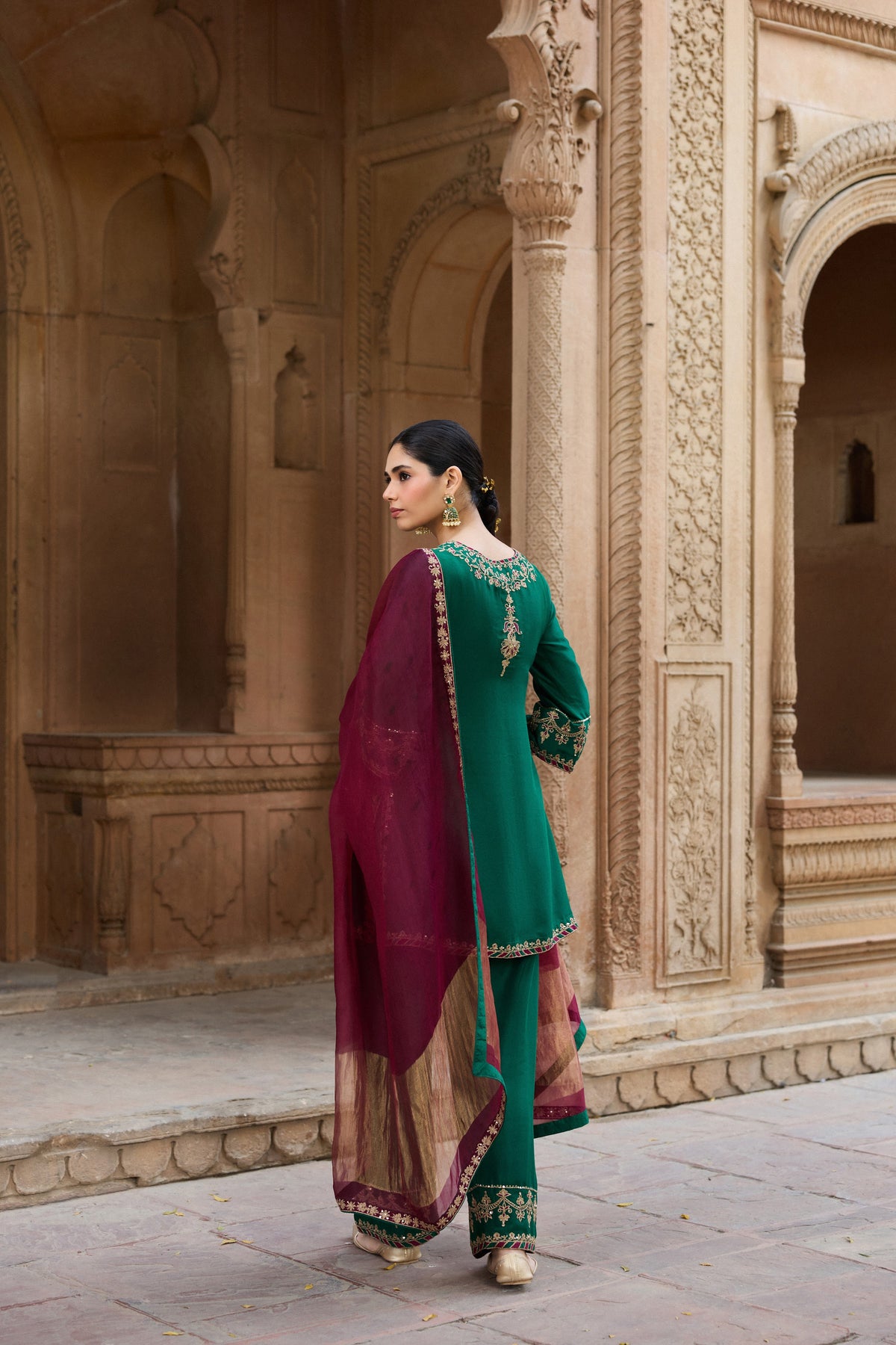 MEHRUNISA PURE SILK HANDCRAFTED EMERALD GREEN KURTA SET WITH FARSHI SALWAR