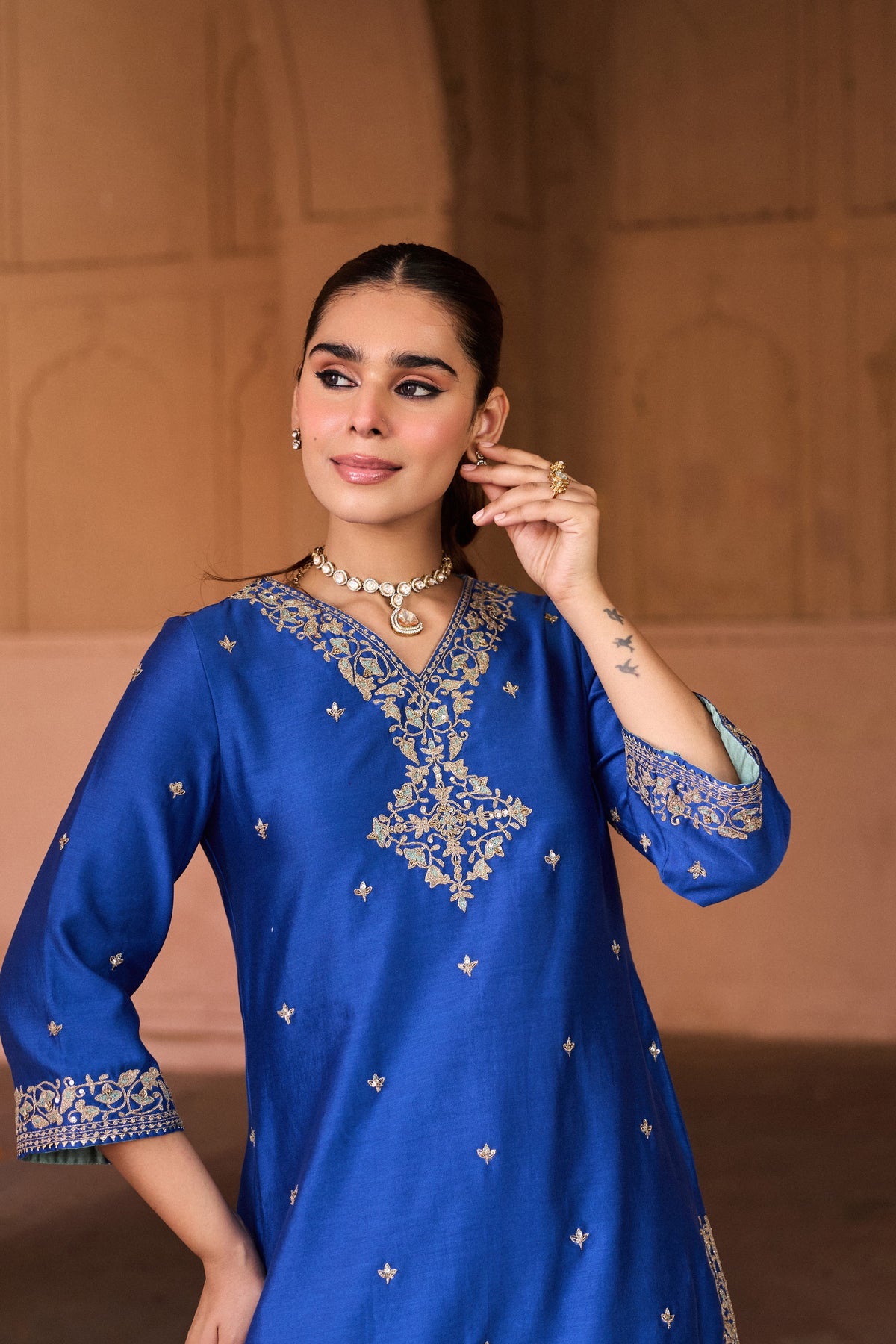 REET SILK CHANDERI HANDCRAFTED ROYAL BLUE KURTA SET WITH FARSHI SALWAR