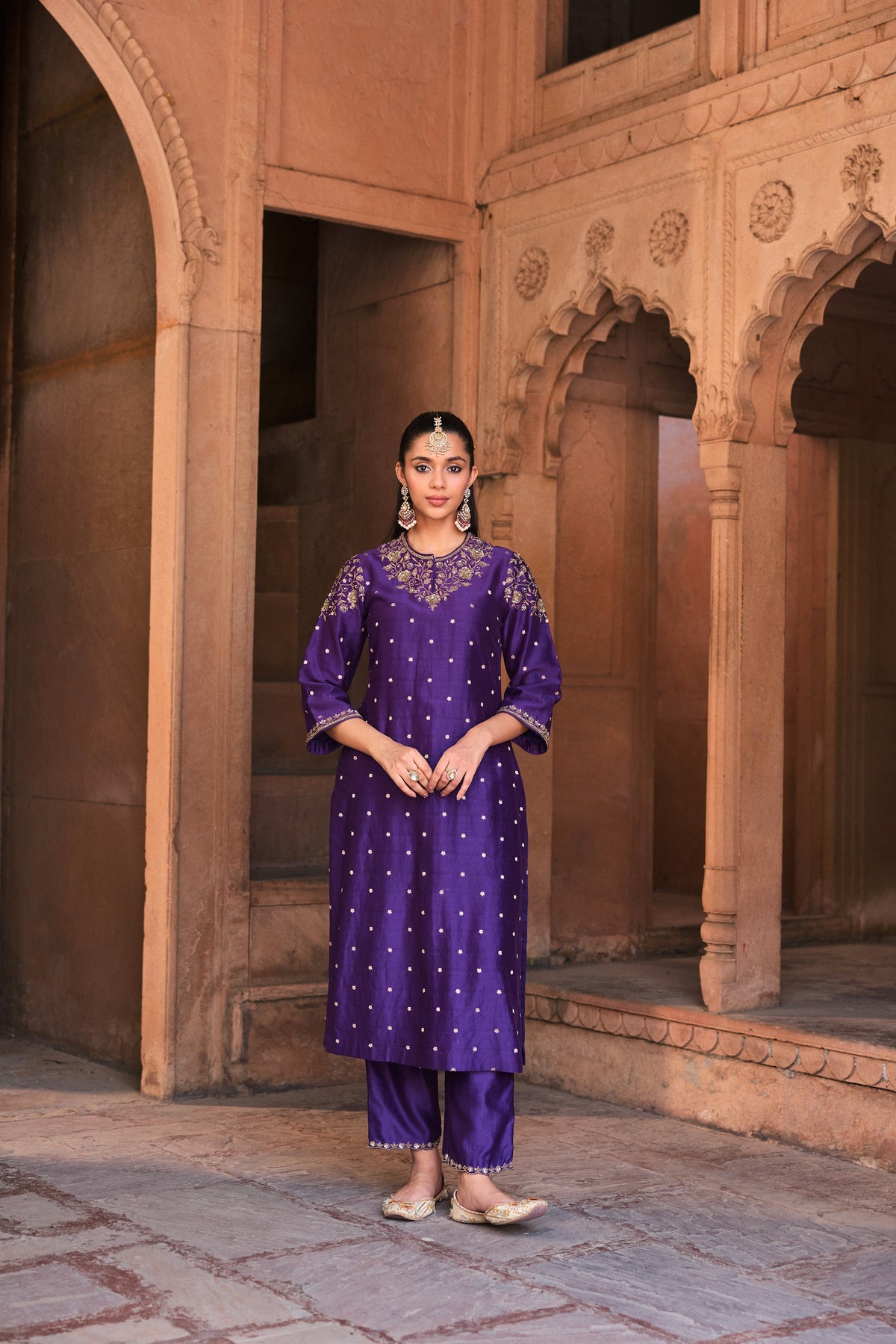 RUKMINI BANARASI CHANDERI JACQUARD HANDCRAFTED PURPLE STRAIGHT KURTA SET