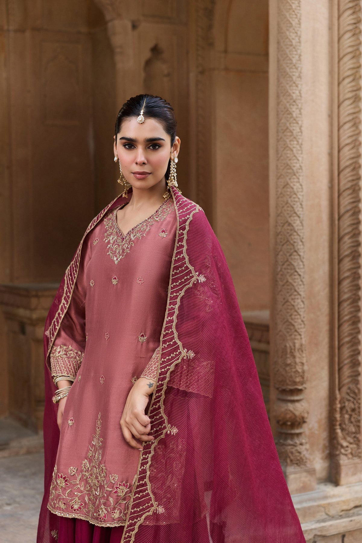 MASTANI PURE DUPION SILK HANDCRAFTED PINK KURTA SET WITH SHARARA