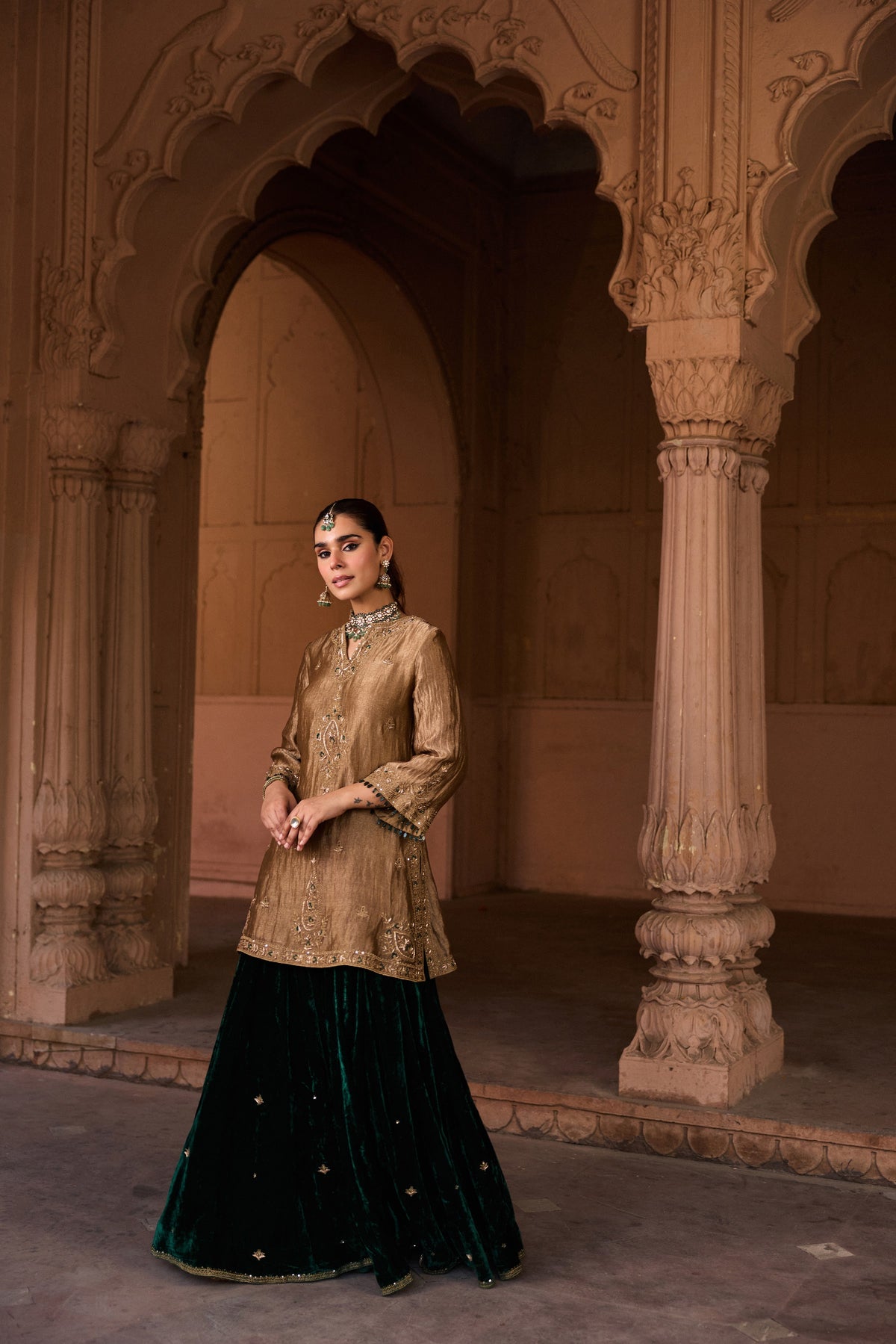 SHABANA SILK TISSUE HANDCRAFTED GOLD KURTA SET WITH SHARARA