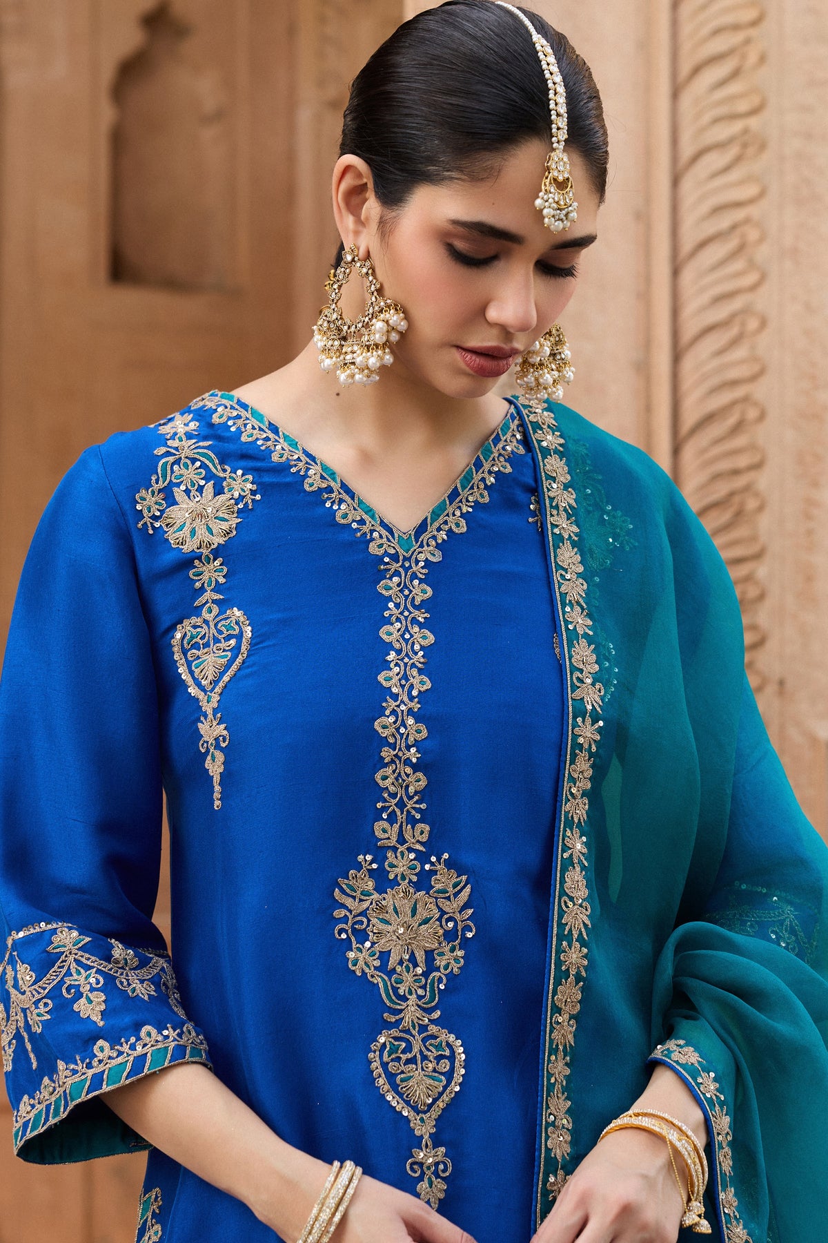 MEHRUNISA PURE SILK HANDCRAFTED ROYAL BLUE KURTA SET WITH FARSHI SALWAR