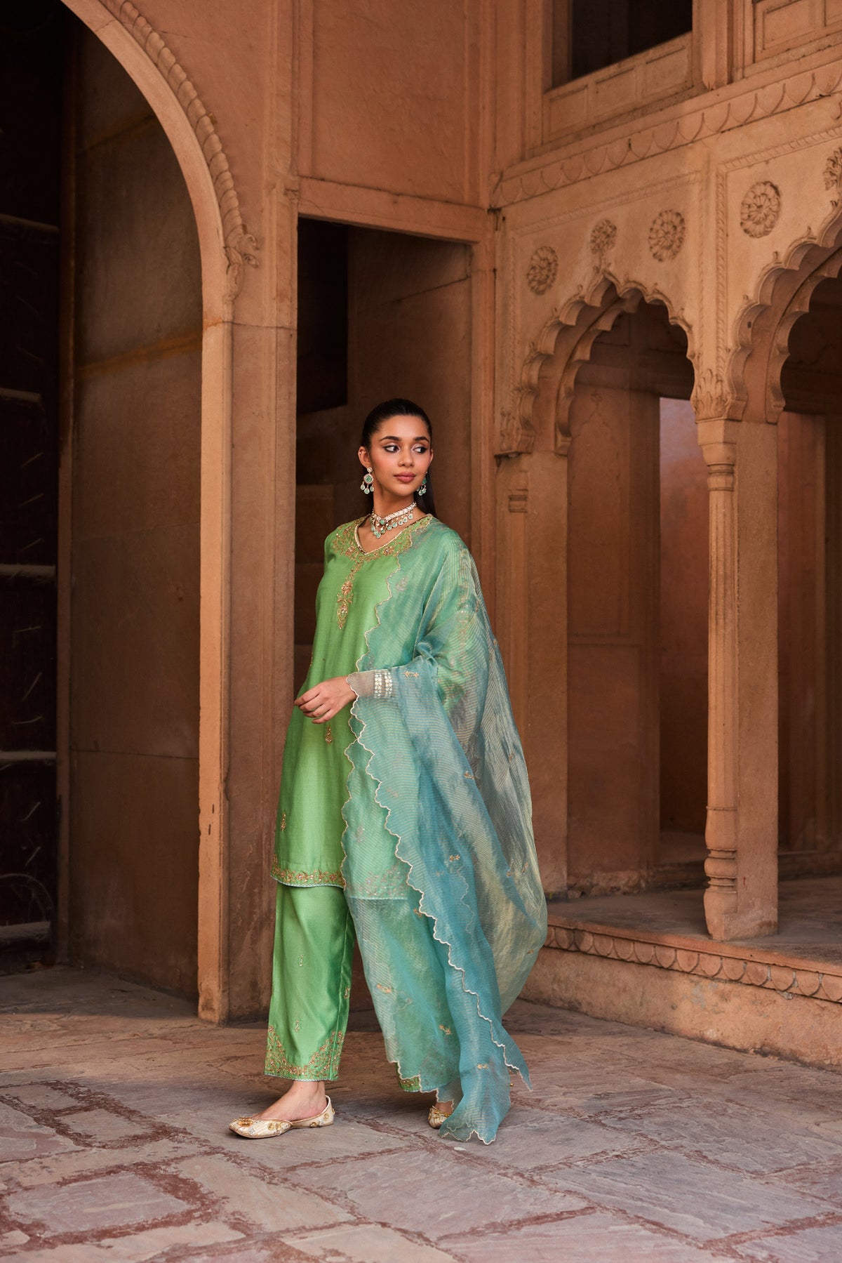 ASMI SILK CHANDERI HANDCRAFTED GREEN STRAIGHT KURTA SET