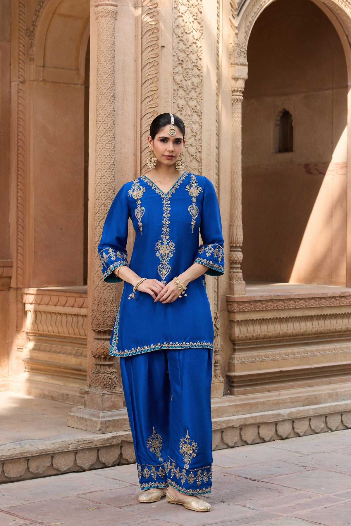MEHRUNISA PURE SILK HANDCRAFTED ROYAL BLUE KURTA SET WITH FARSHI SALWAR