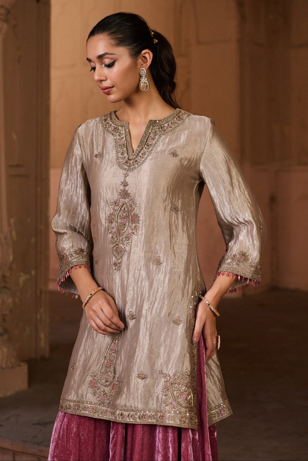 SHABANA SILK TISSUE HANDCRAFTED SILVER KURTA SET WITH SHARARA