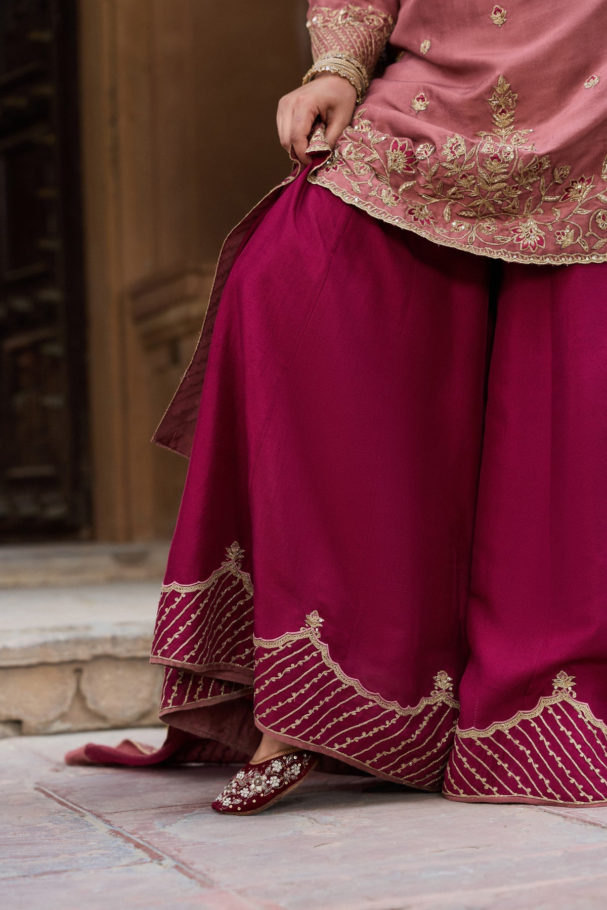 MASTANI PURE DUPION SILK HANDCRAFTED PINK KURTA SET WITH SHARARA