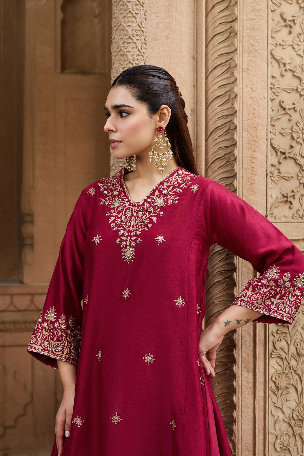 RAINA SILK CHANDERI HANDCRAFTED RED CHOGA SET