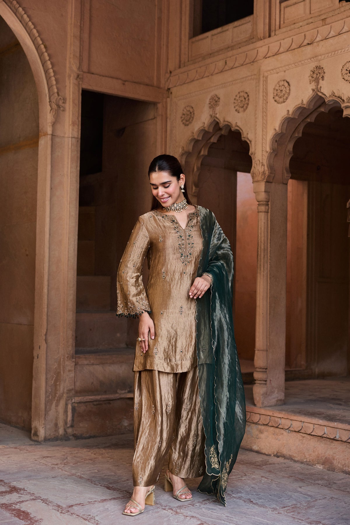 SHAHBANO SILK TISSUE HANDCRAFTED GOLD KURTA SET WITH FARSHI SALWAR