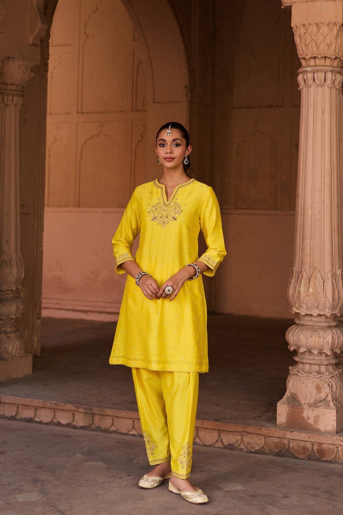 GAUHAR BANARASI SILK CHANDERI JACQUARD HANDCRAFTED   YELLOW A-LINE KURTA SET