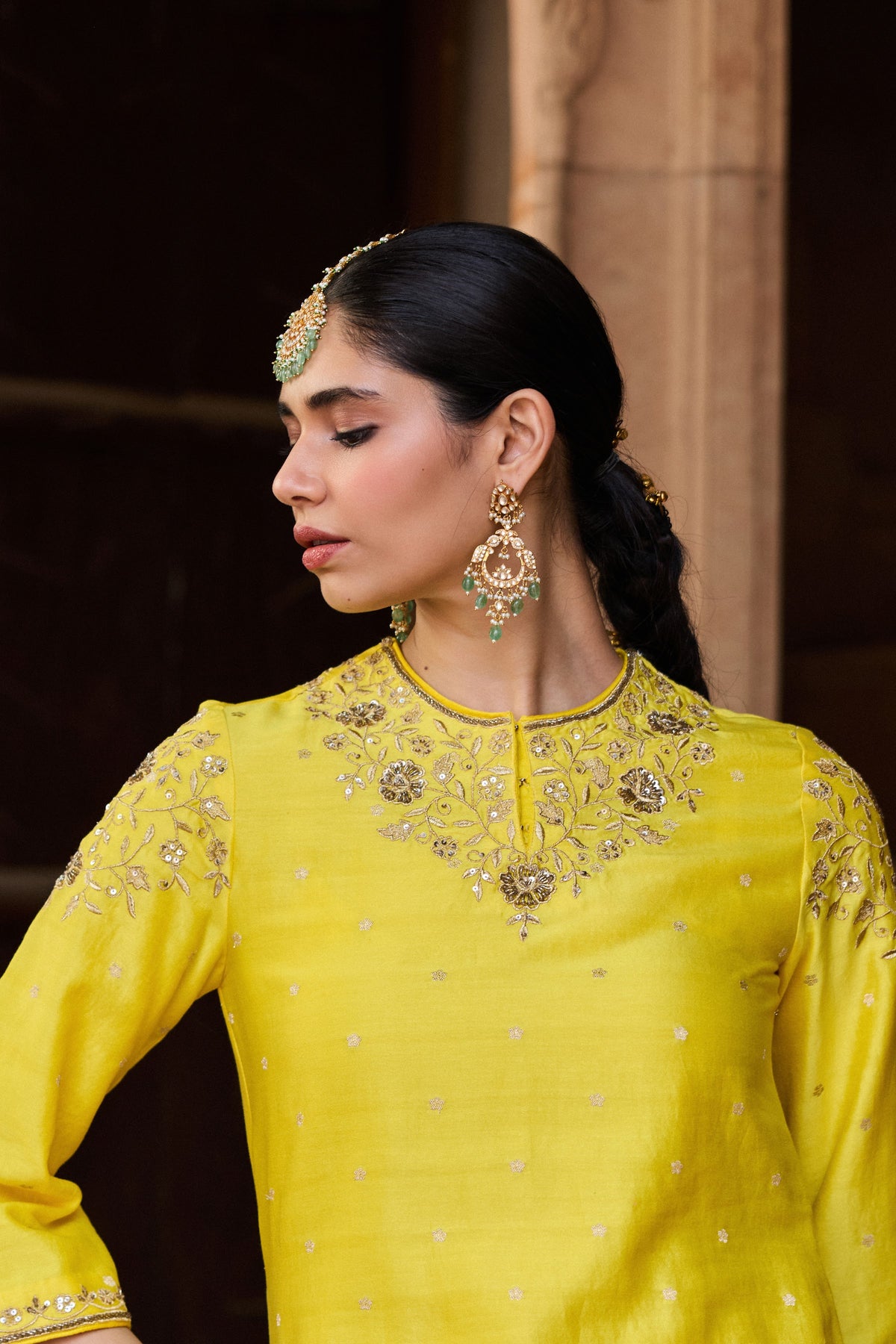 RUKMINI BANARASI CHANDERI JACQUARD HANDCRAFTED YELLOW STRAIGHT KURTA SET