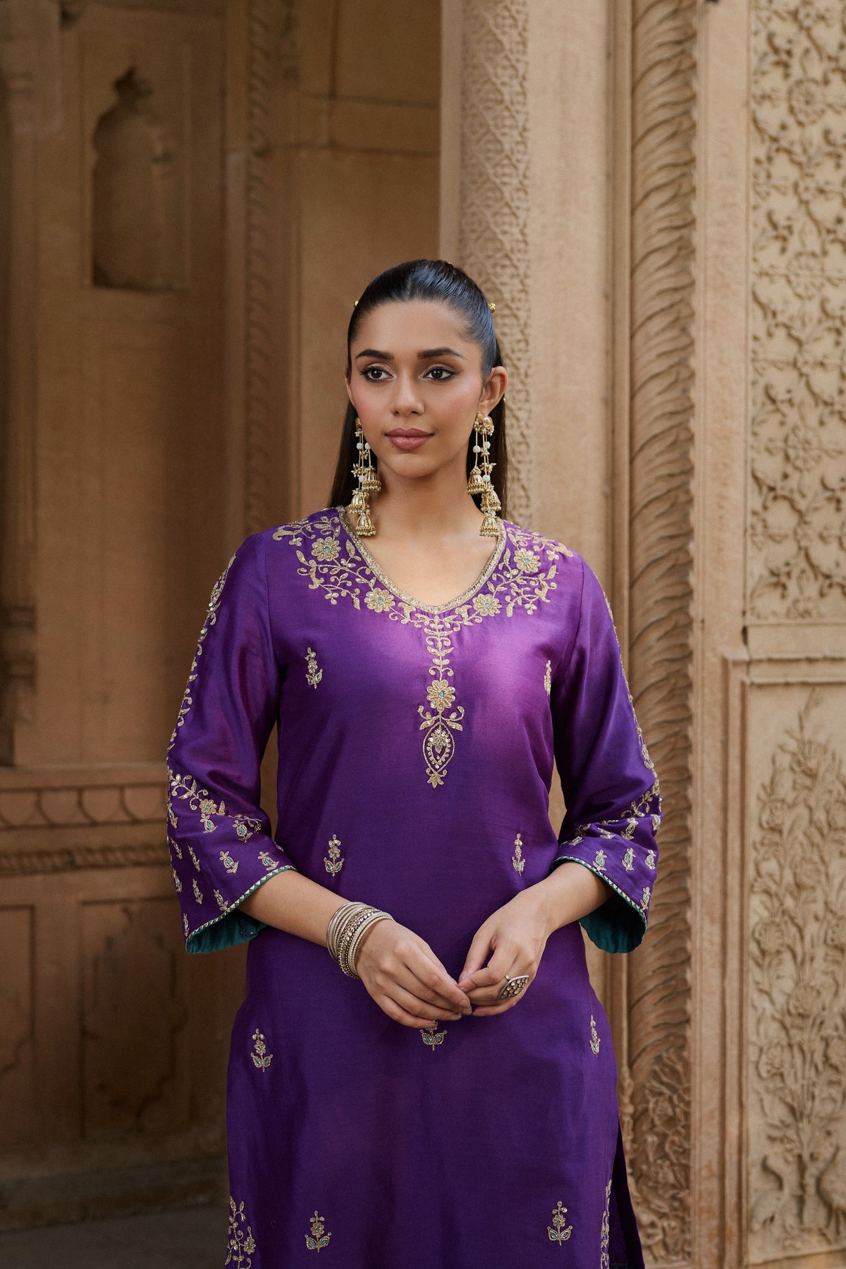 ASMI SILK CHANDERI HANDCRAFTED PURPLE STRAIGHT KURTA SET