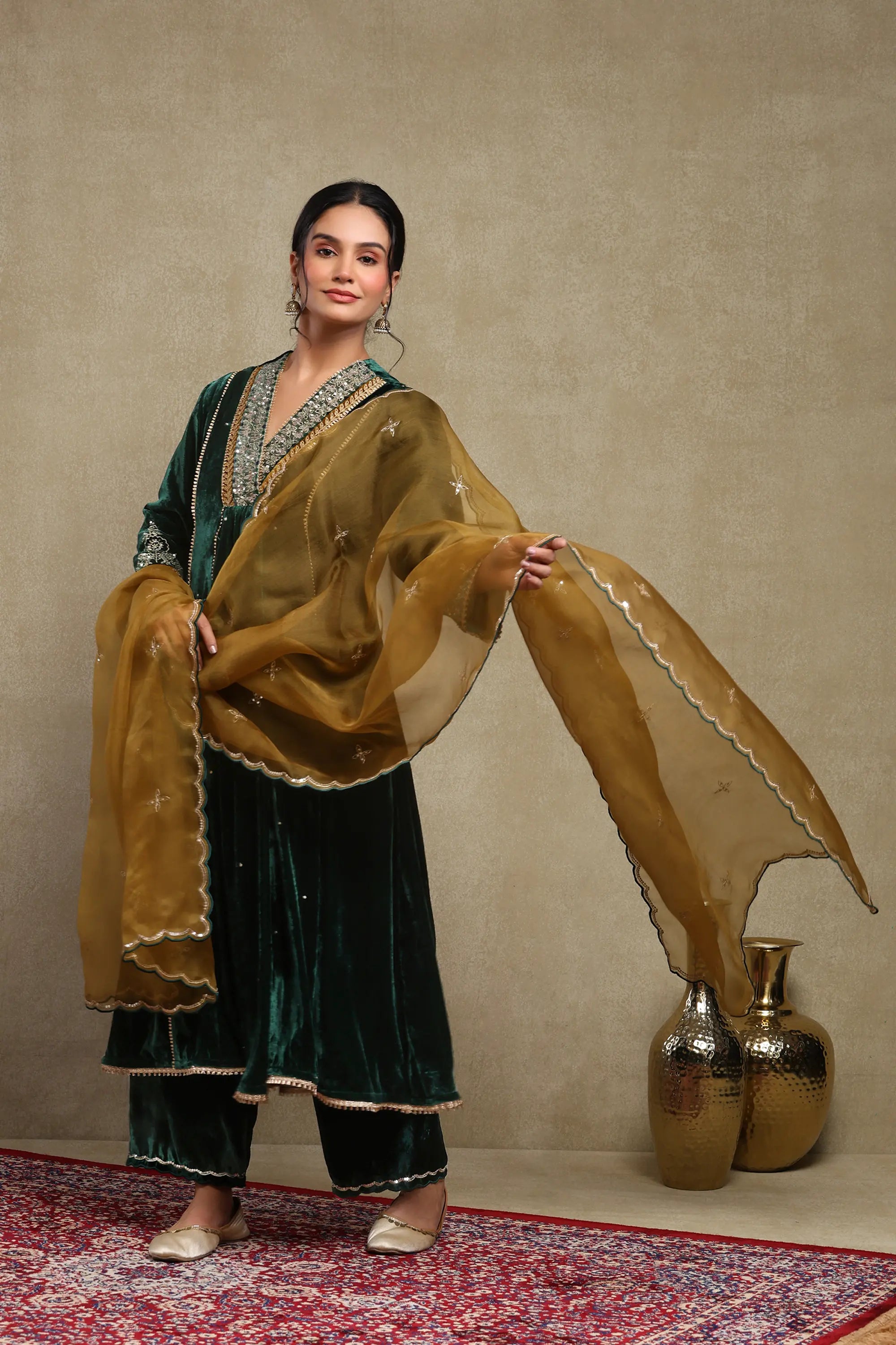 Anam Forest Green Embroidered Kurta Set