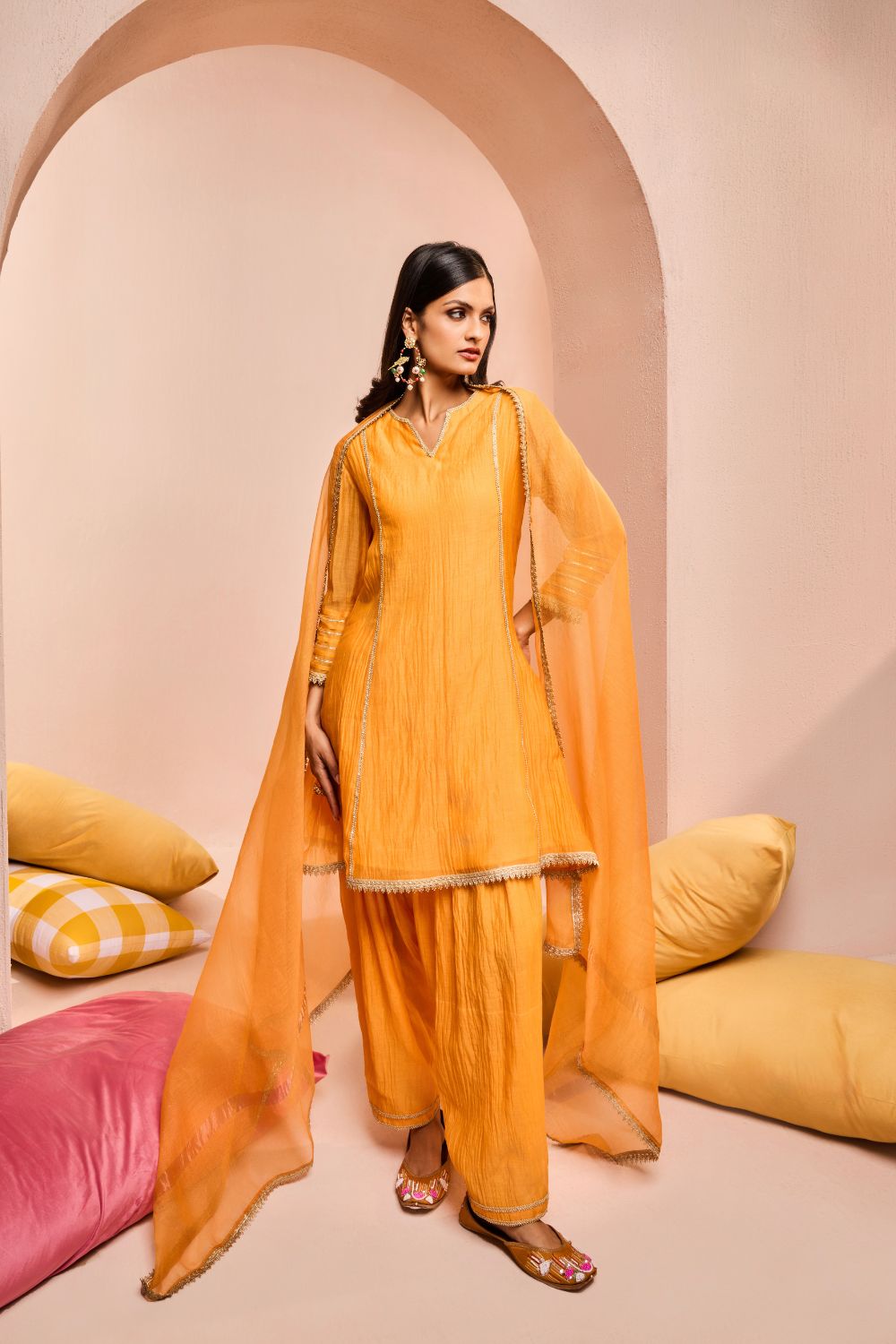 RUMI ORANGE COTTON SILK CHANDERI KURTA SET