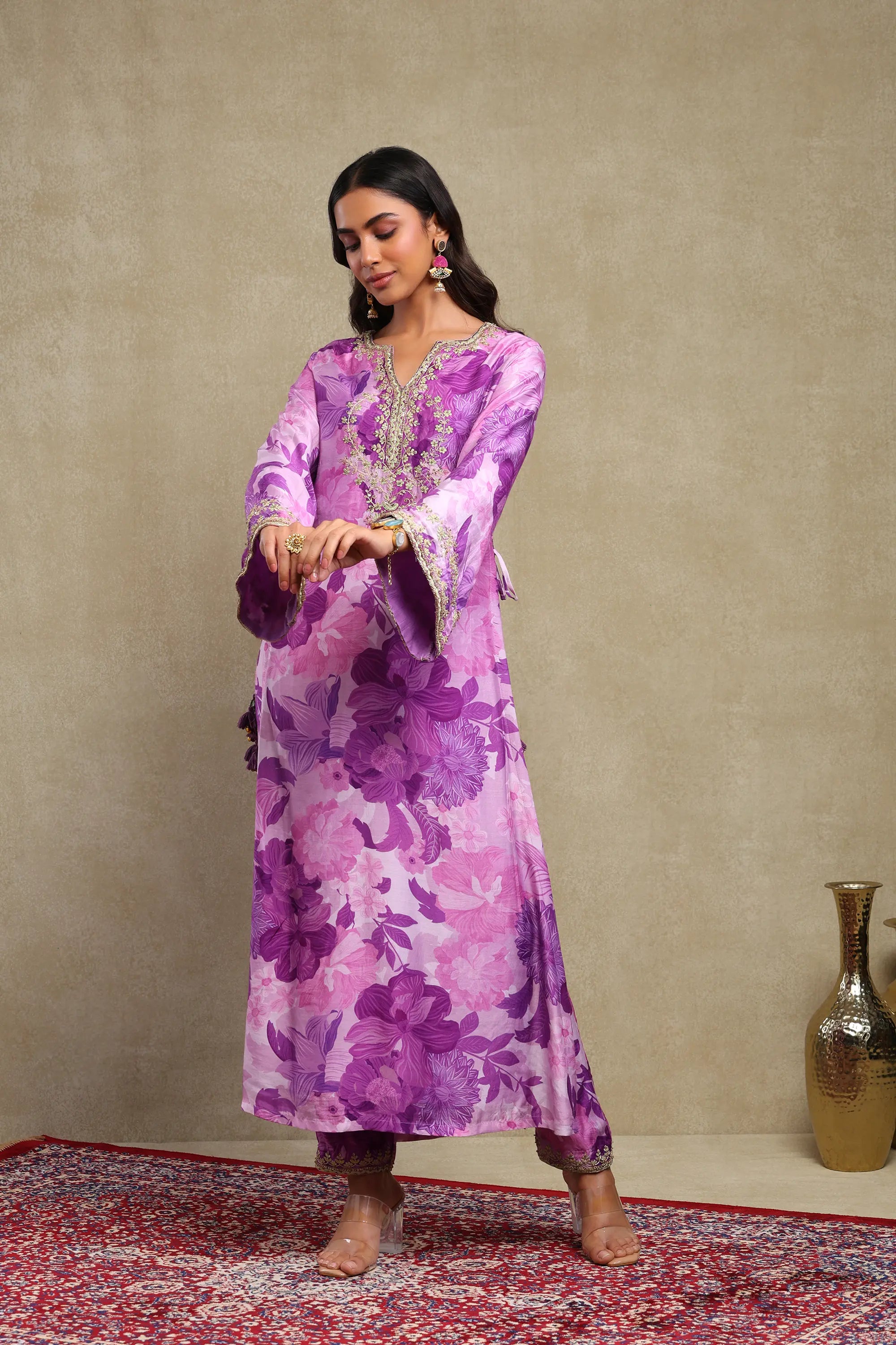 Lily Lilac Floral Printed Hand Embroidered Silky Modal Kaftan Set