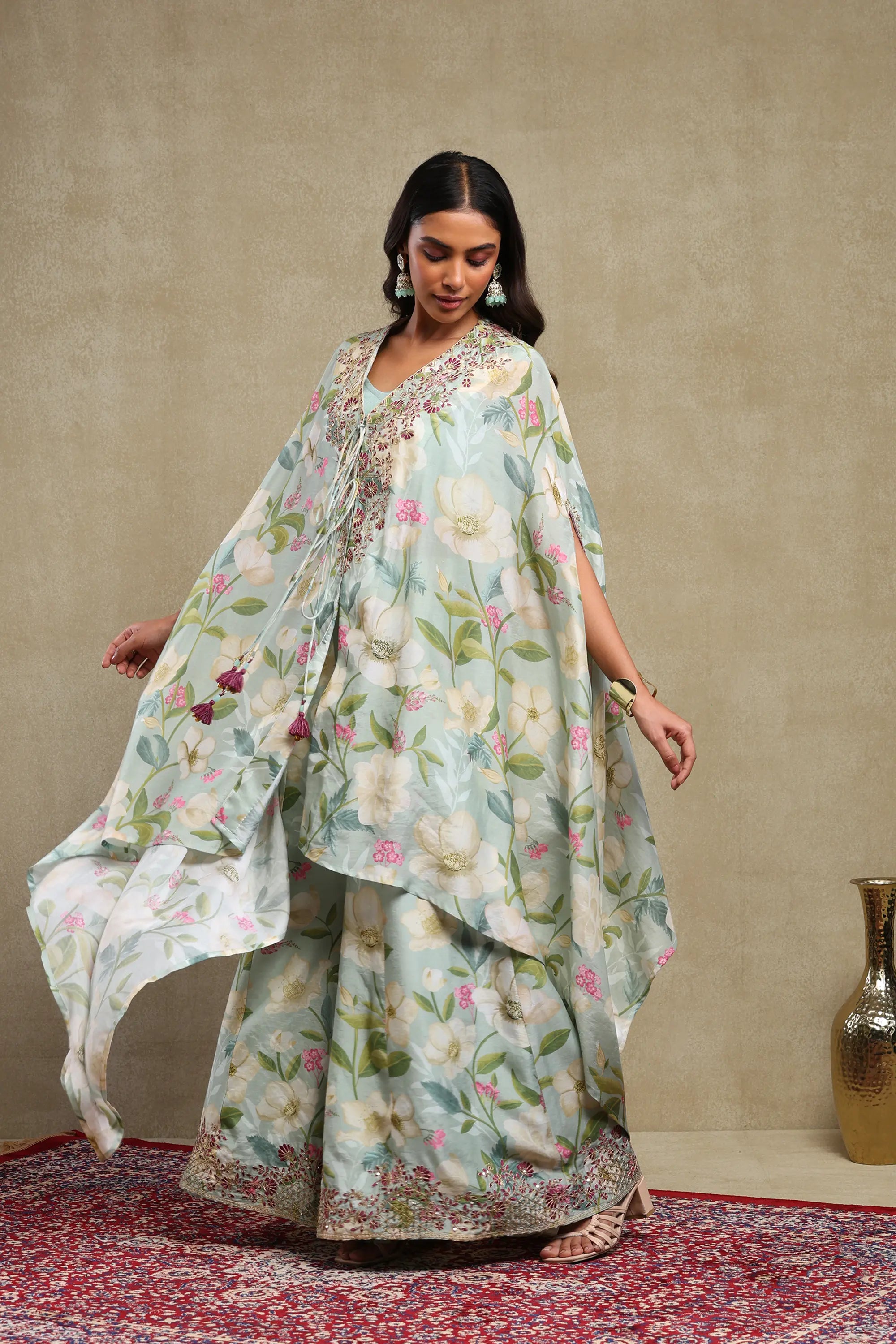 Tanisha Turquoise Floral Printed Hand Embroidered Lightweight Chanderi Kaftan Set