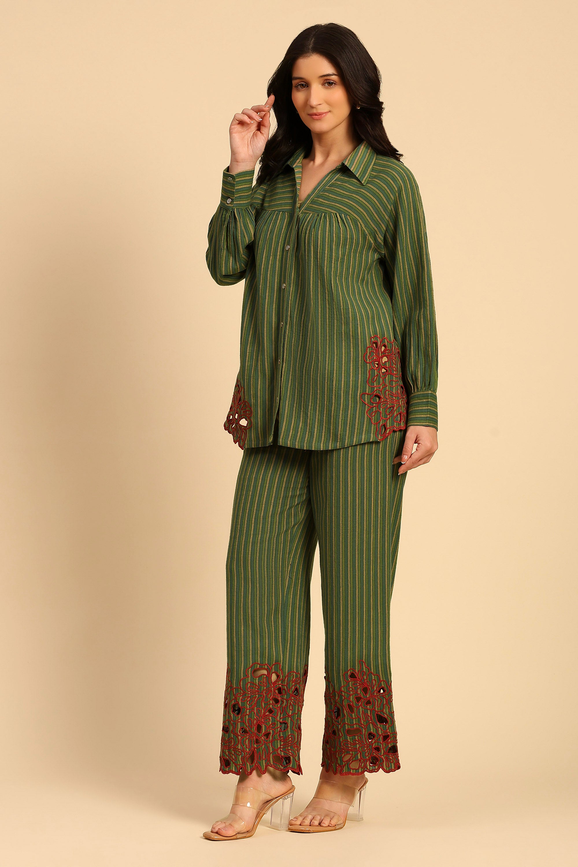 Avya Green Embroidered Yarn Dyed Handcrafted Co-ord Set: