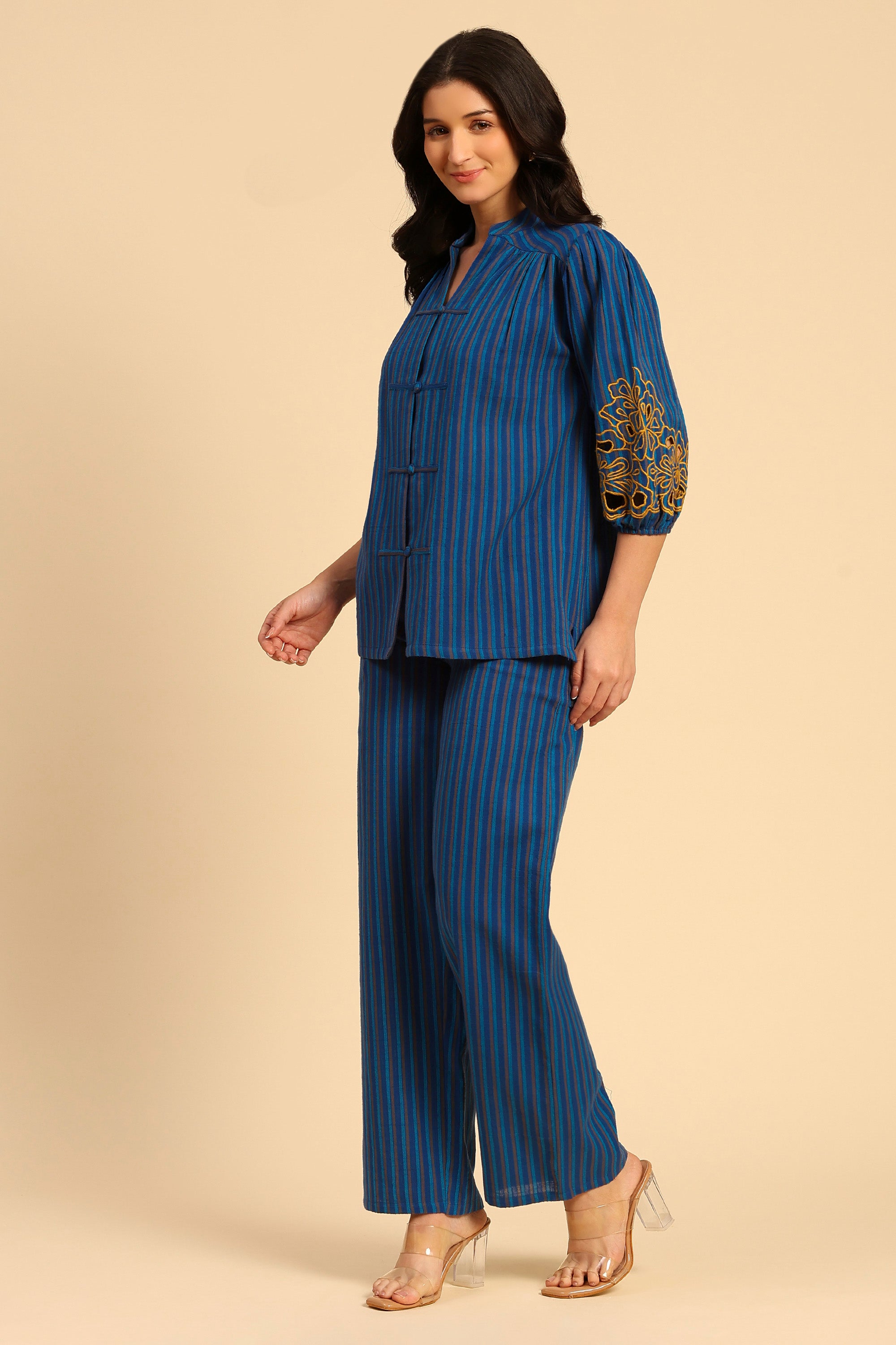Sama Blue Embroidered Yarn Dyed Handcrafted Co-ord Set