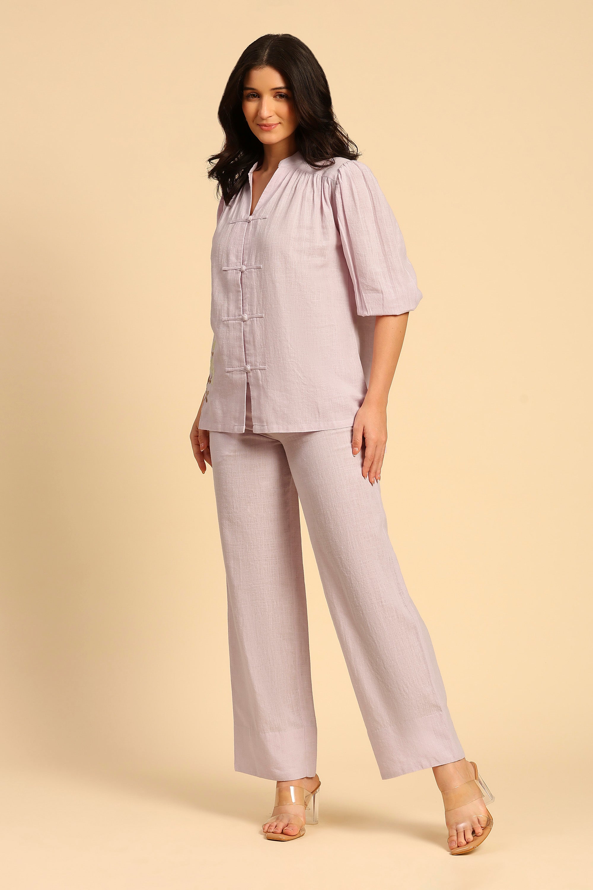 Daphne Light Purple Embroidered Handcrafted Cotton Linen Co-ord Set: