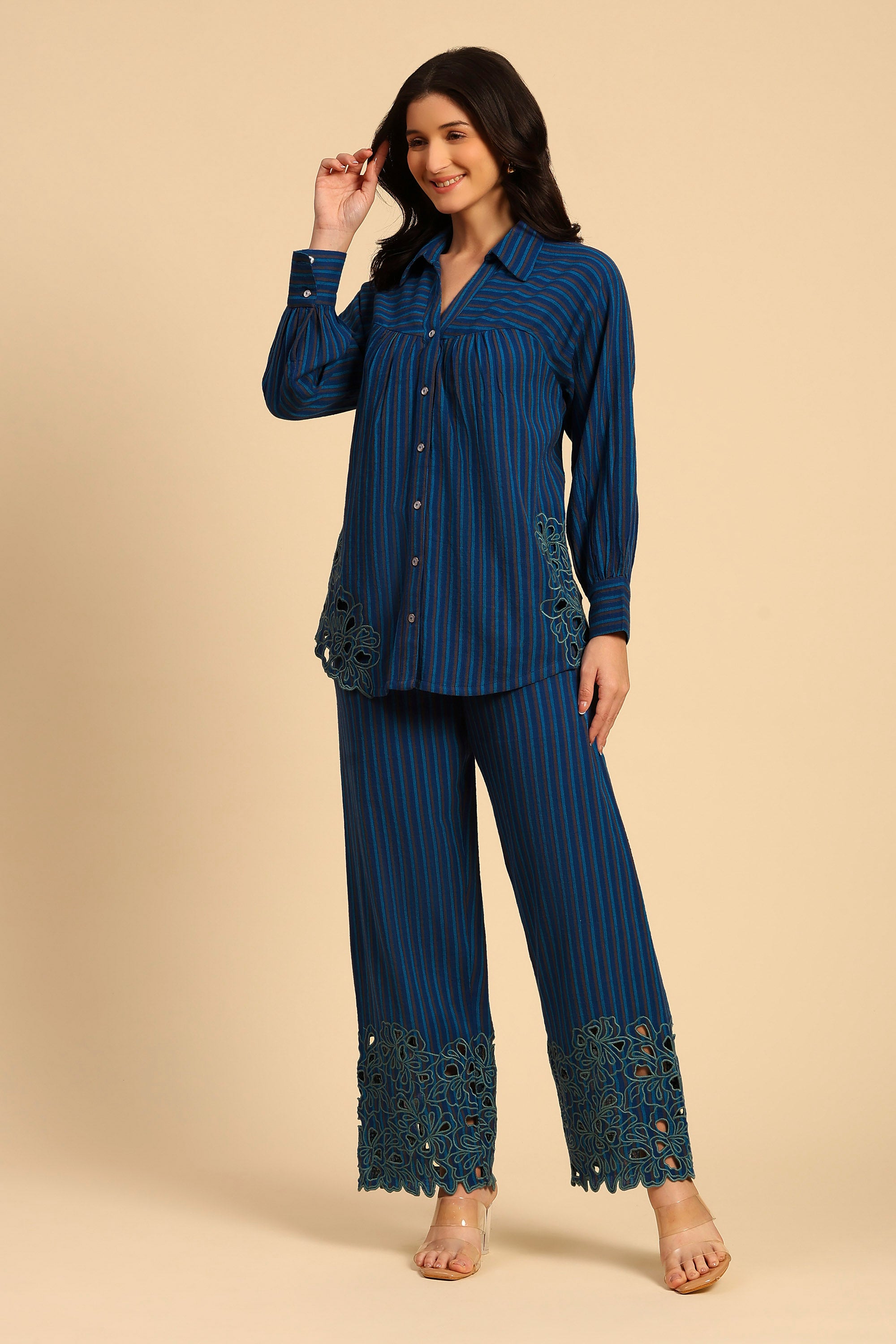 Avya Blue Embroidered Yarn Dyed Handcrafted Co-ord Set