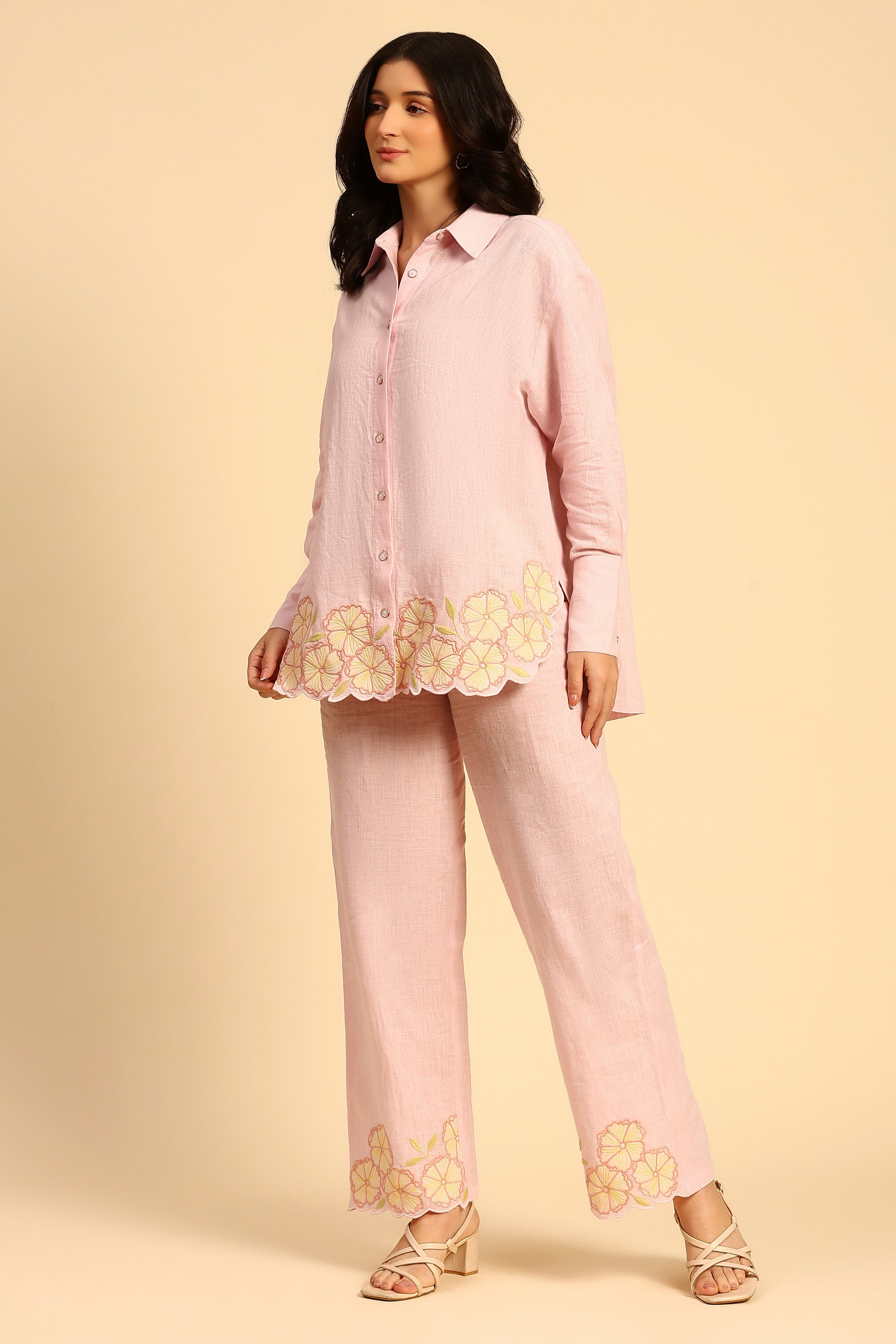 Niya Pink Embroidered Handcrafted Cotton Linen Co-ord Set
