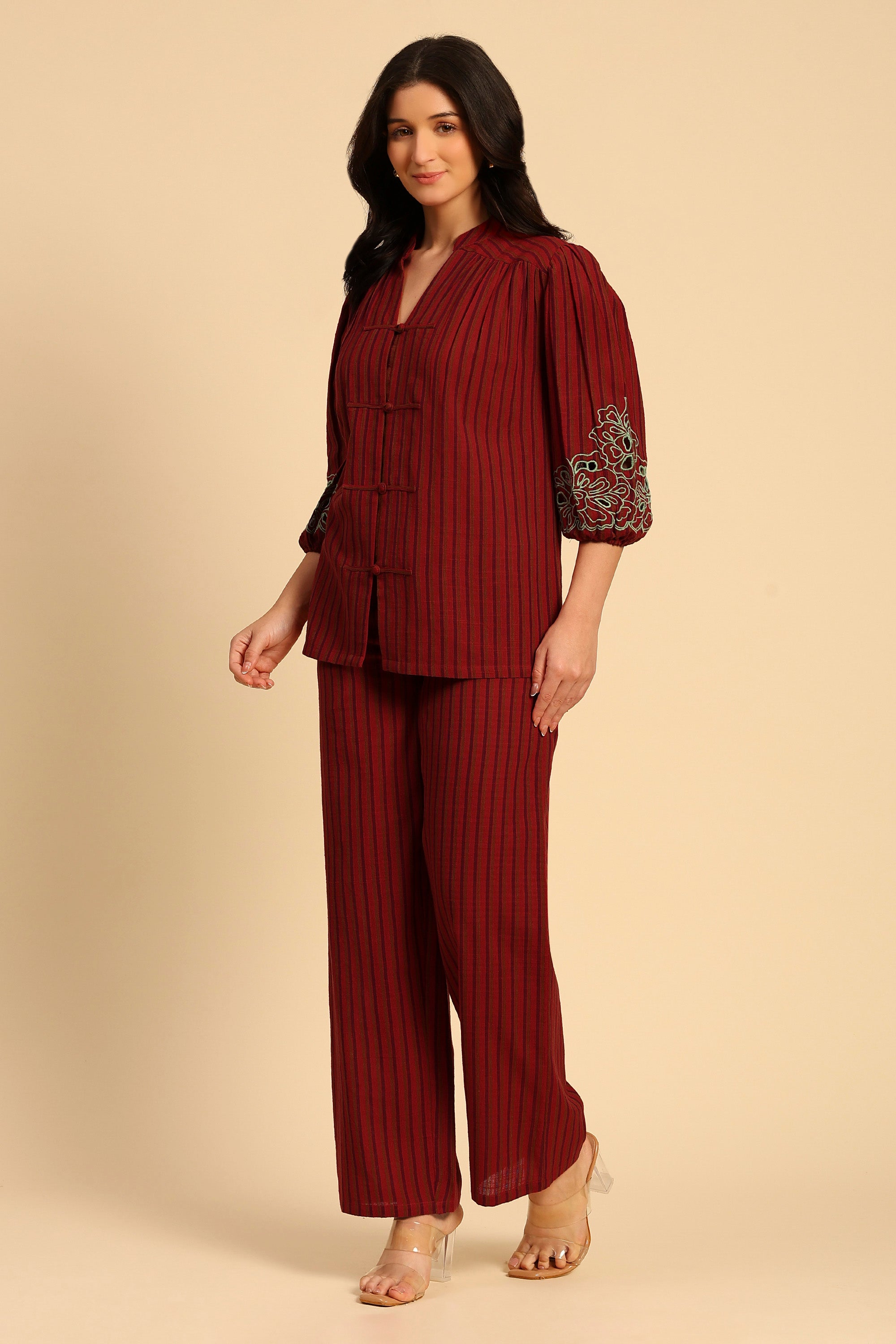 Sama Red & Purple Embroidered Yarn Dyed Handcrafted Co-ord Set