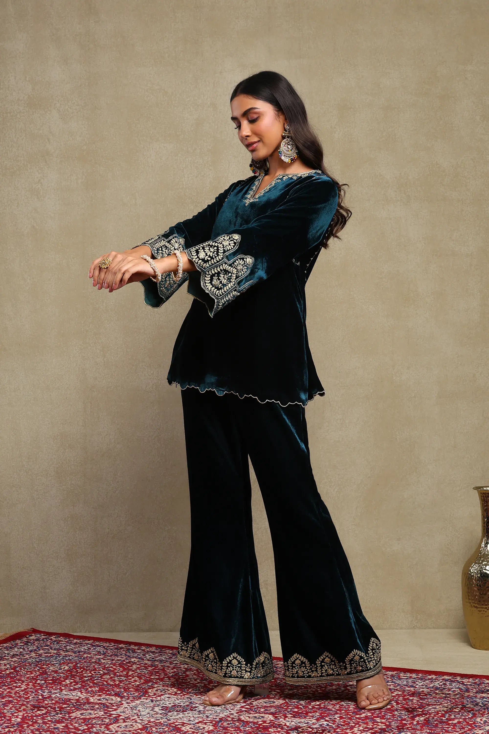 Rida Midnight Blue Hand Embroidered Silk Velvet Co-Ord Set