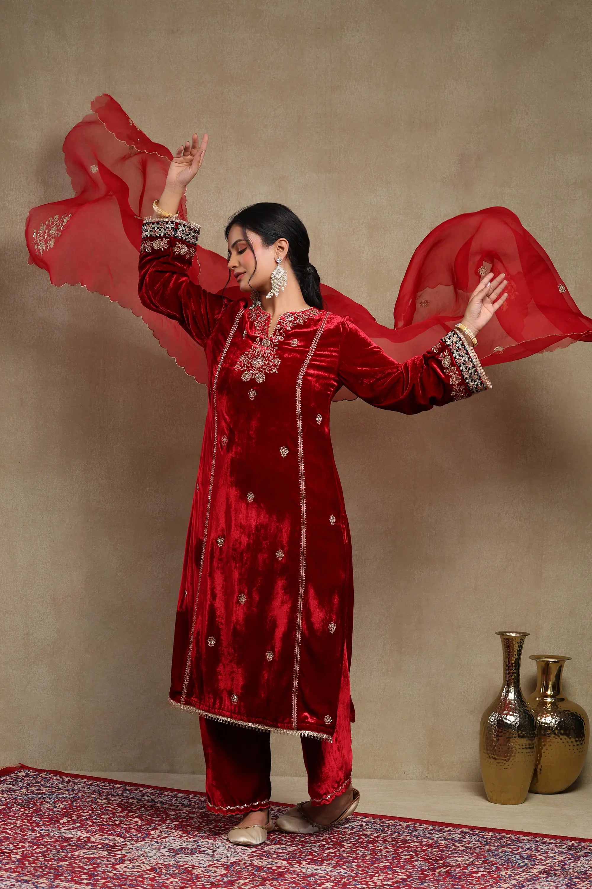 Leena Cherry Red Embroidered Silk Velvet Handcrafted Kurta Set