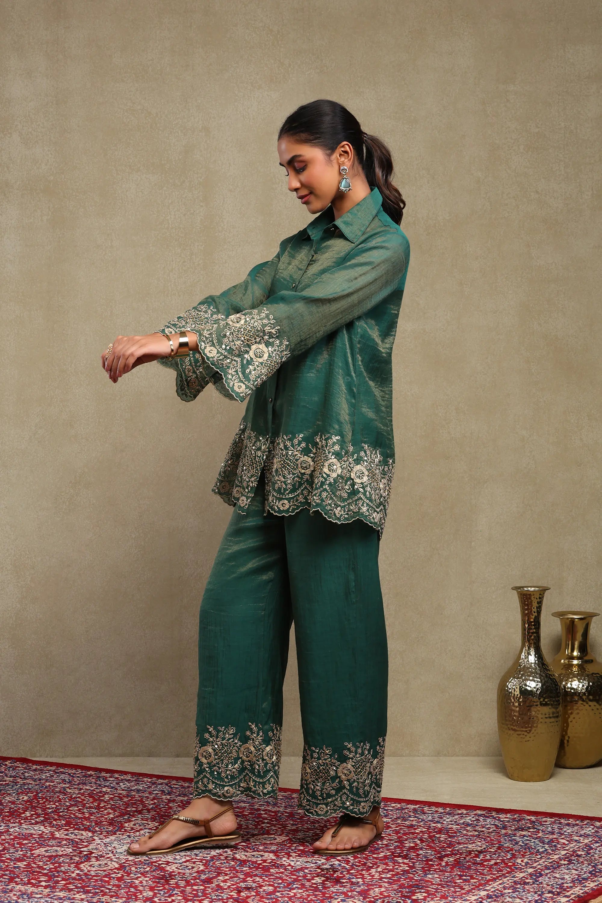Aadya Emerald Green Hand Embroidered Tissue Chanderi Co-Ord Set