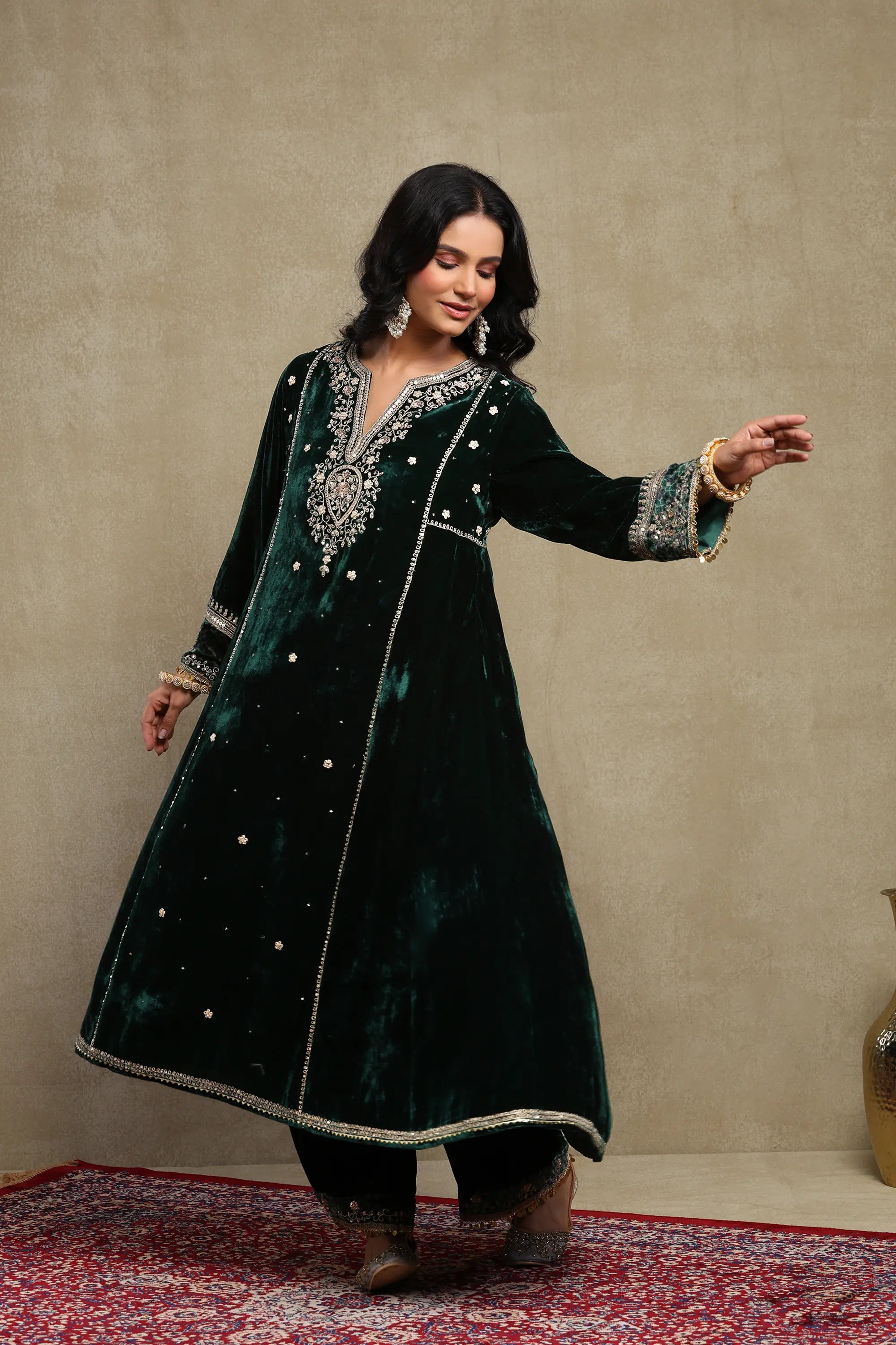 Sahira Forest Green Embroidered Silk Velvet A-Line Kurta Set