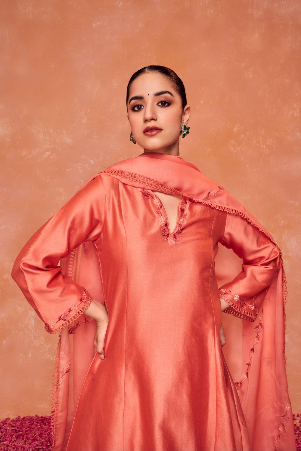 NAIRA PEACH SILK CHANDERI KURTA SET