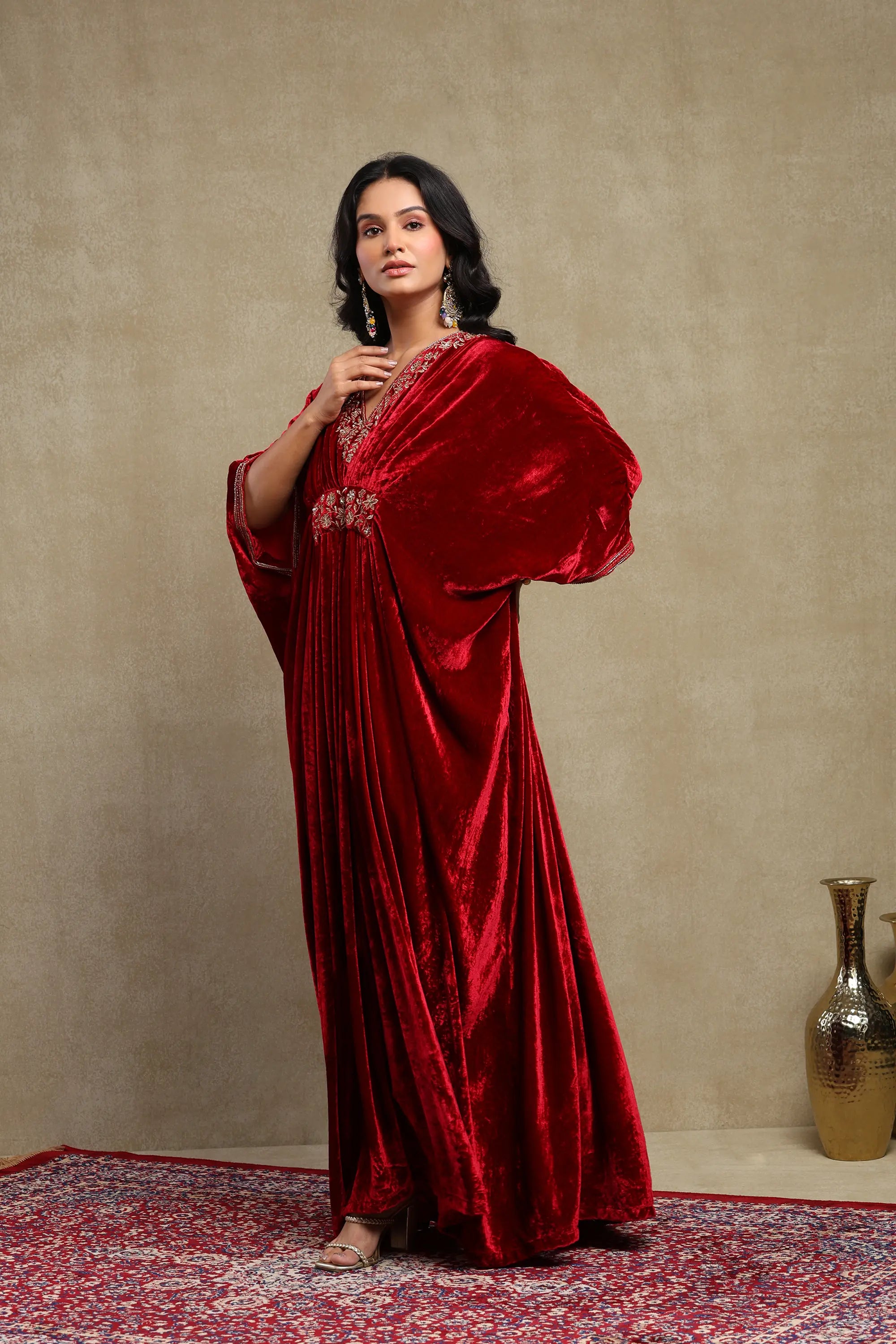 Gulzar Cherry Red Silk Velvet Handcrafted Kaftan