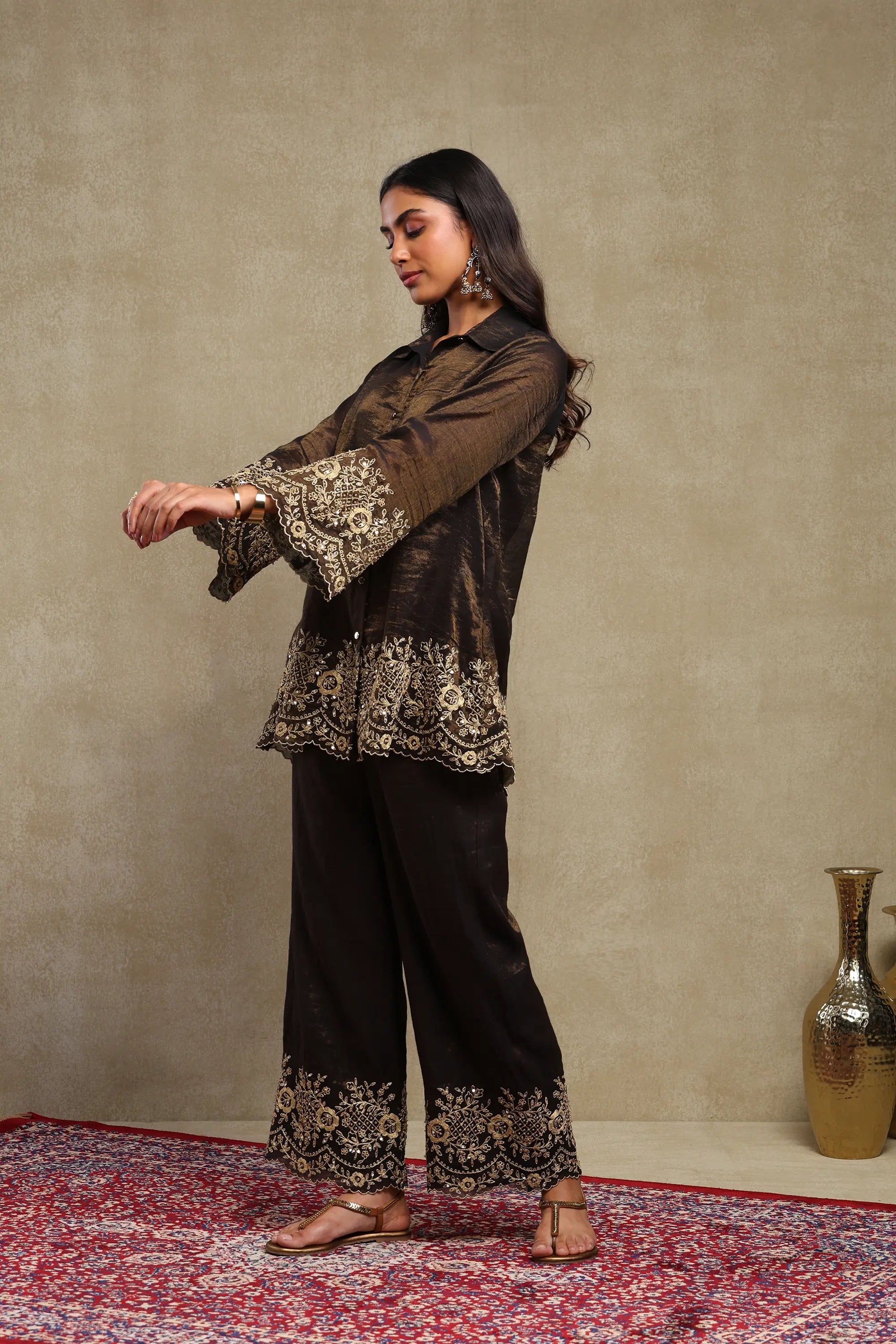 Aadya Black Hand Embroidered Tissue Chanderi Co-Ord Set