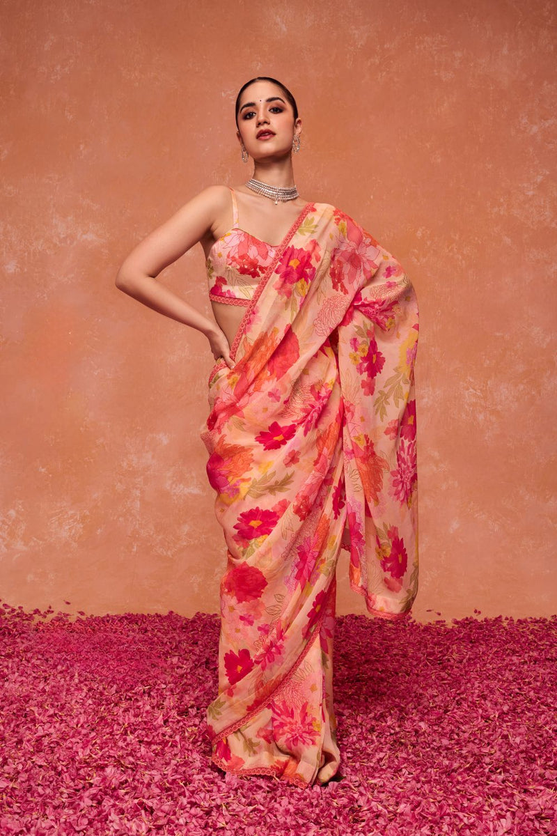 AROHI PINK FLORAL PRINTED ORGANZA SAREE