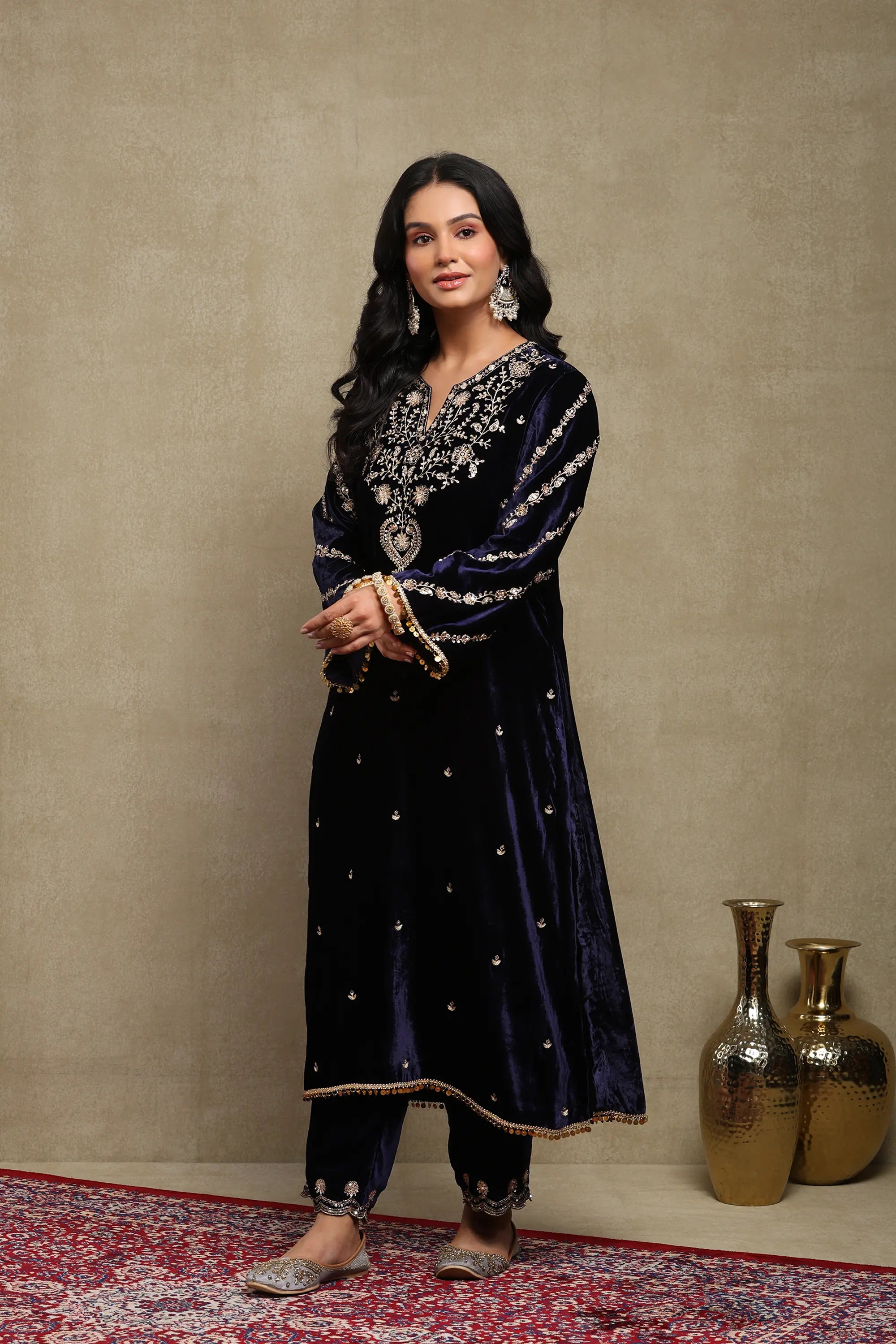 Nayab Navy Blue Embroidered Silk Velvet Handcrafted Kurta Set