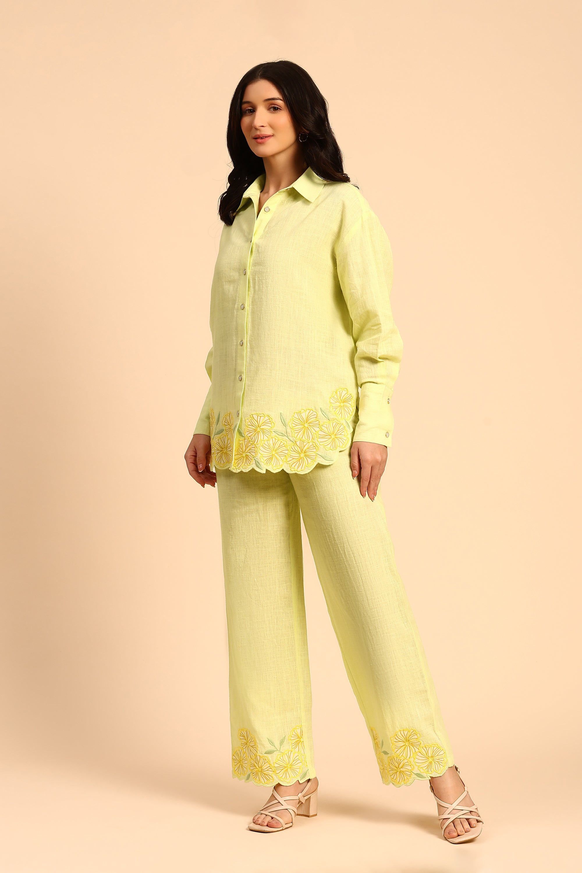 Niya Green Embroidered Handcrafted Cotton Linen Co-ord Set